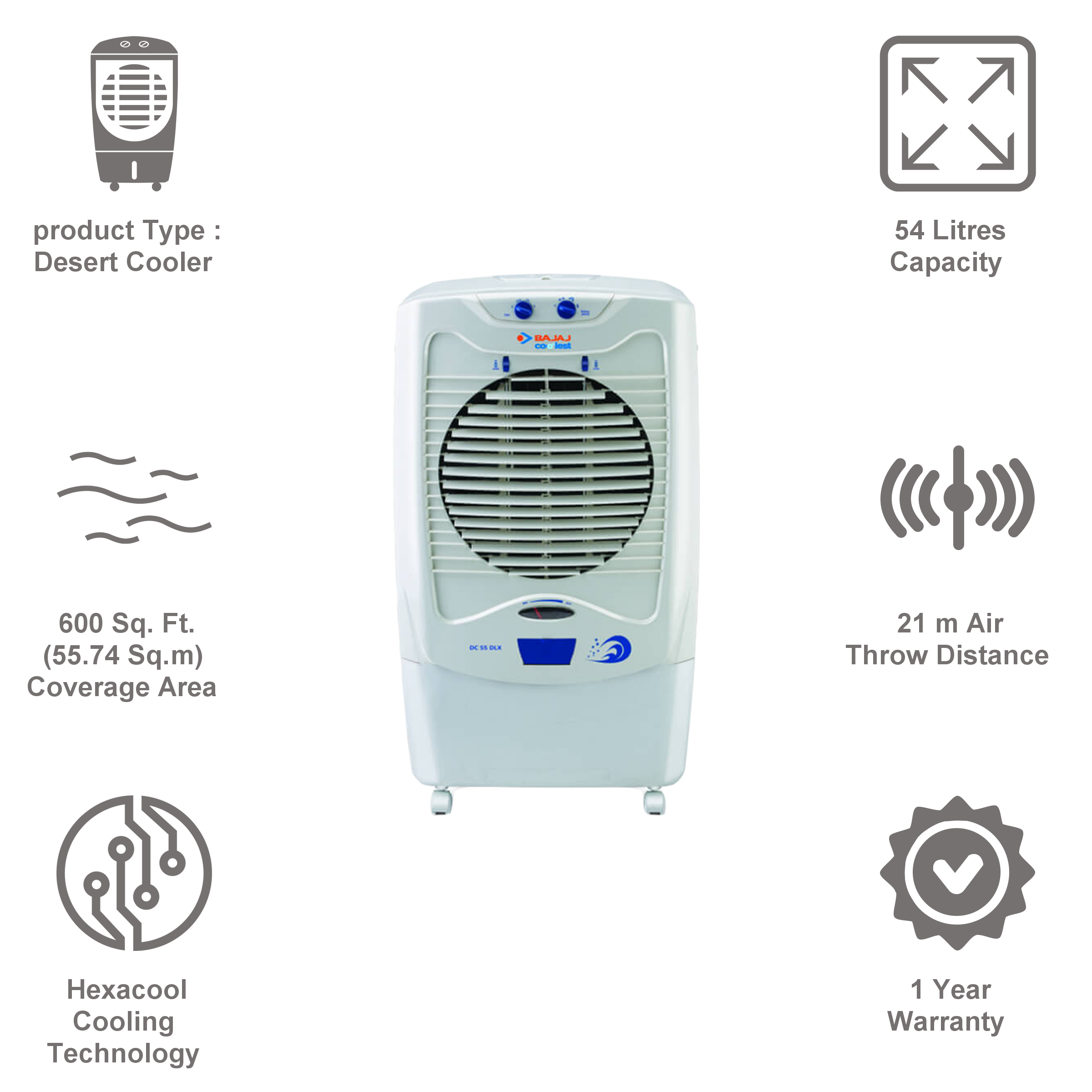 BAJAJ Glacier 54 Litres Desert Air Cooler (Anti Bacterial Honeycomb, DC 55 DLX New, White) BAJAJ Glacier 54 Litres Desert Air Cooler (Anti Bacterial Honeycomb, DC 55 DLX New, White)_7