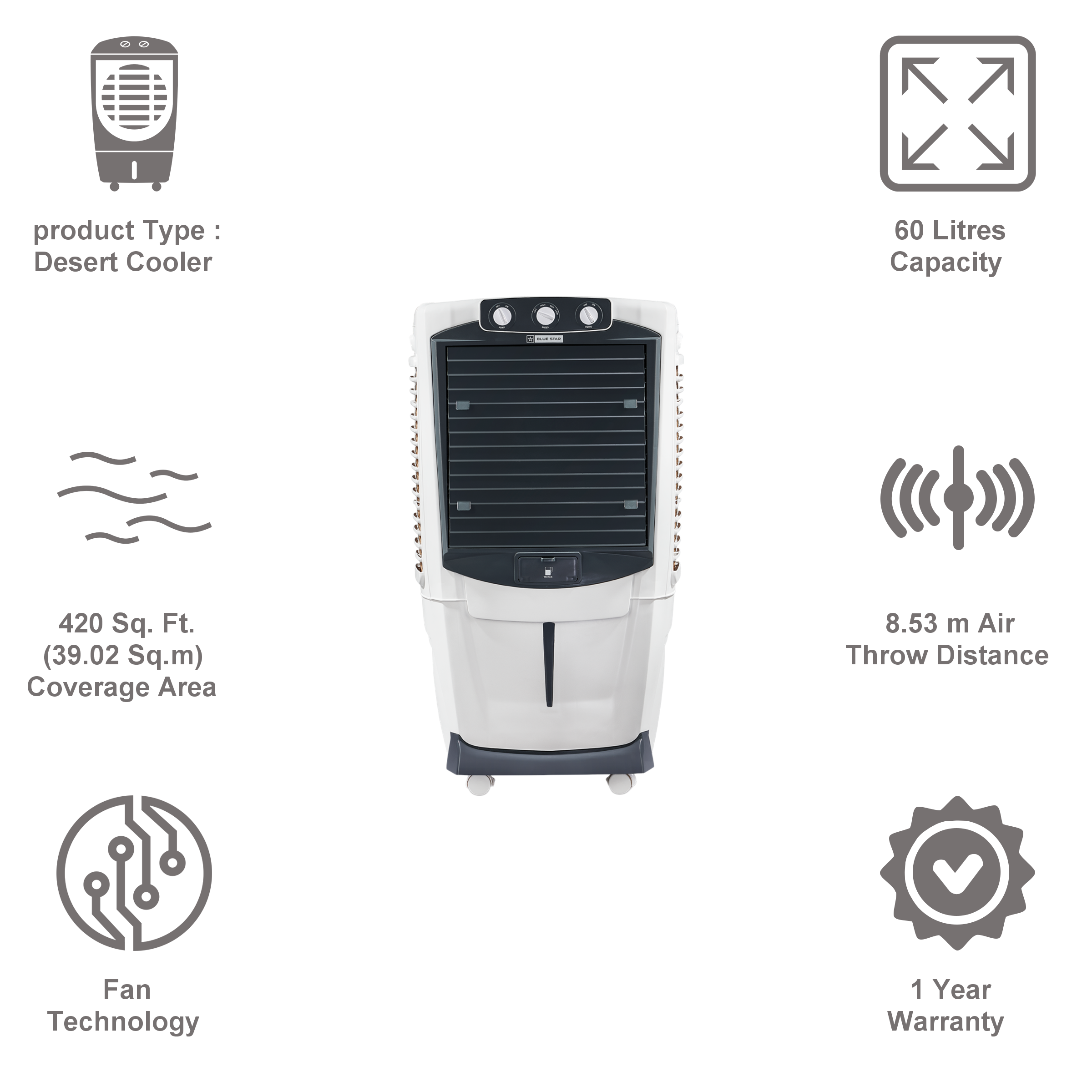 Blue Star Aura 60 Litres Desert Air Cooler (Anti-Microbial, DA60PMC, White/Grey)_6