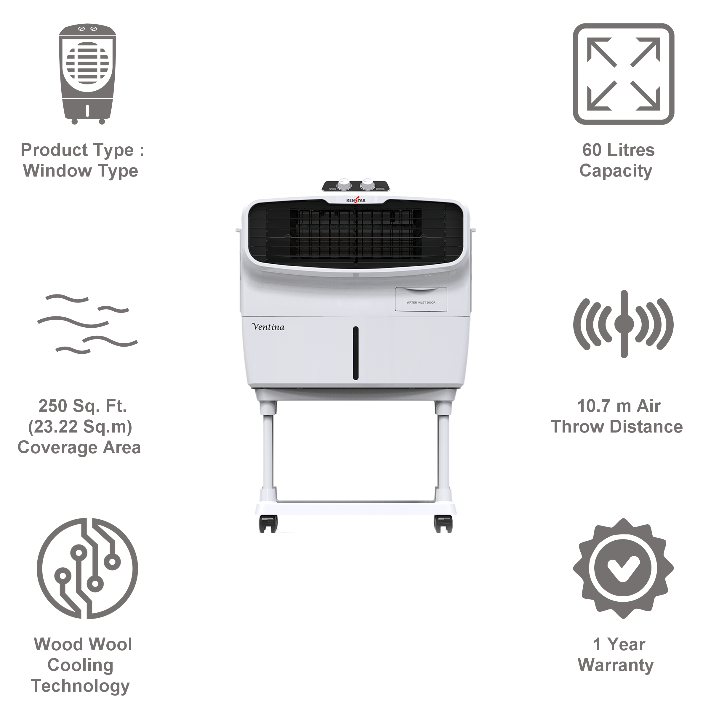 KENSTAR VENTINA 60 Litres Window Air Cooler (Wood Wool Technology, KCLVTNWH060BMW-EGM, White)_10