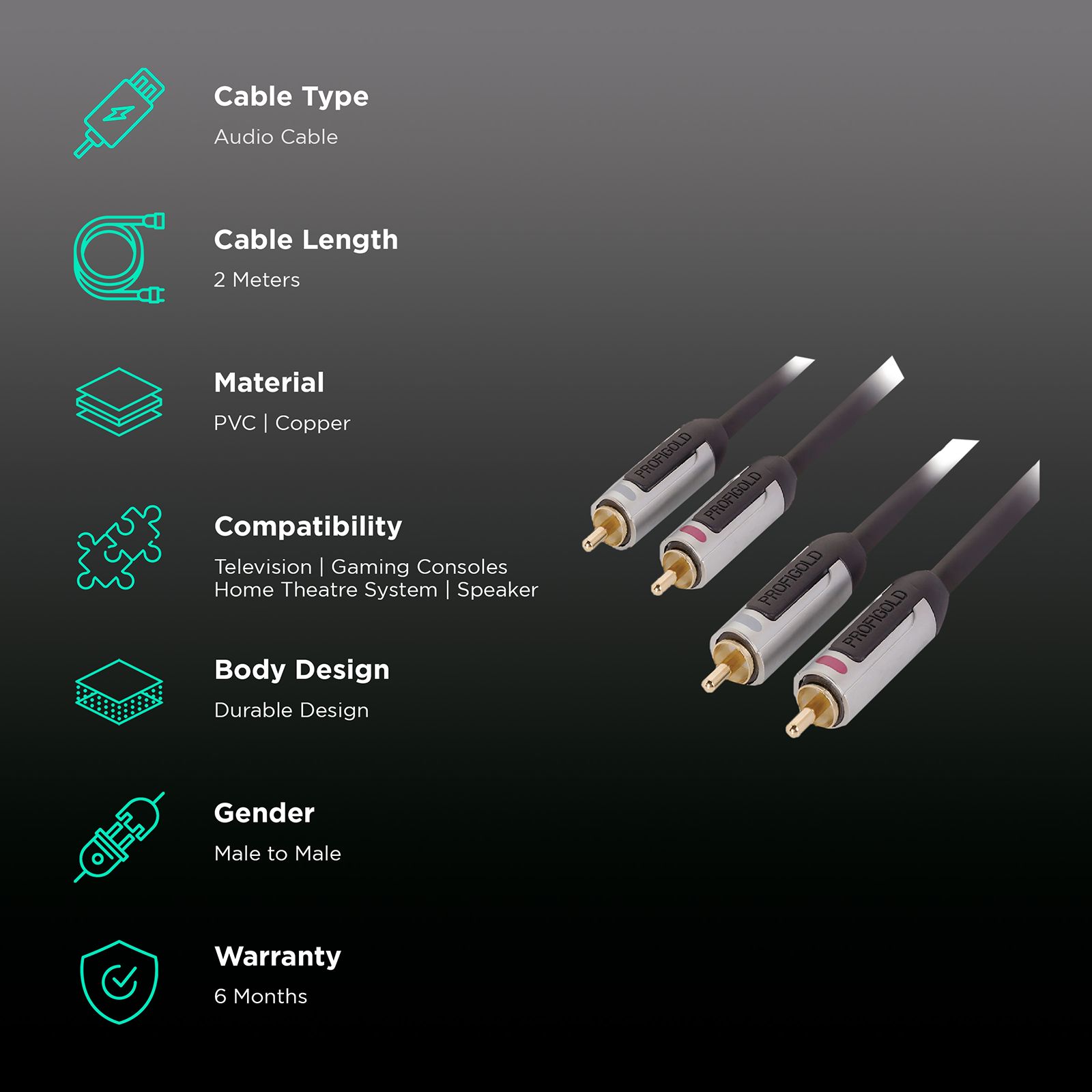 PROFIGOLD 2 meter RCA to RCA Audio Cable (Multiple Cable Shielding, PROA4202, Anthracite) PROFIGOLD 2 meter RCA to RCA Audio Cable (Multiple Cable Shielding, PROA4202, Anthracite)_2