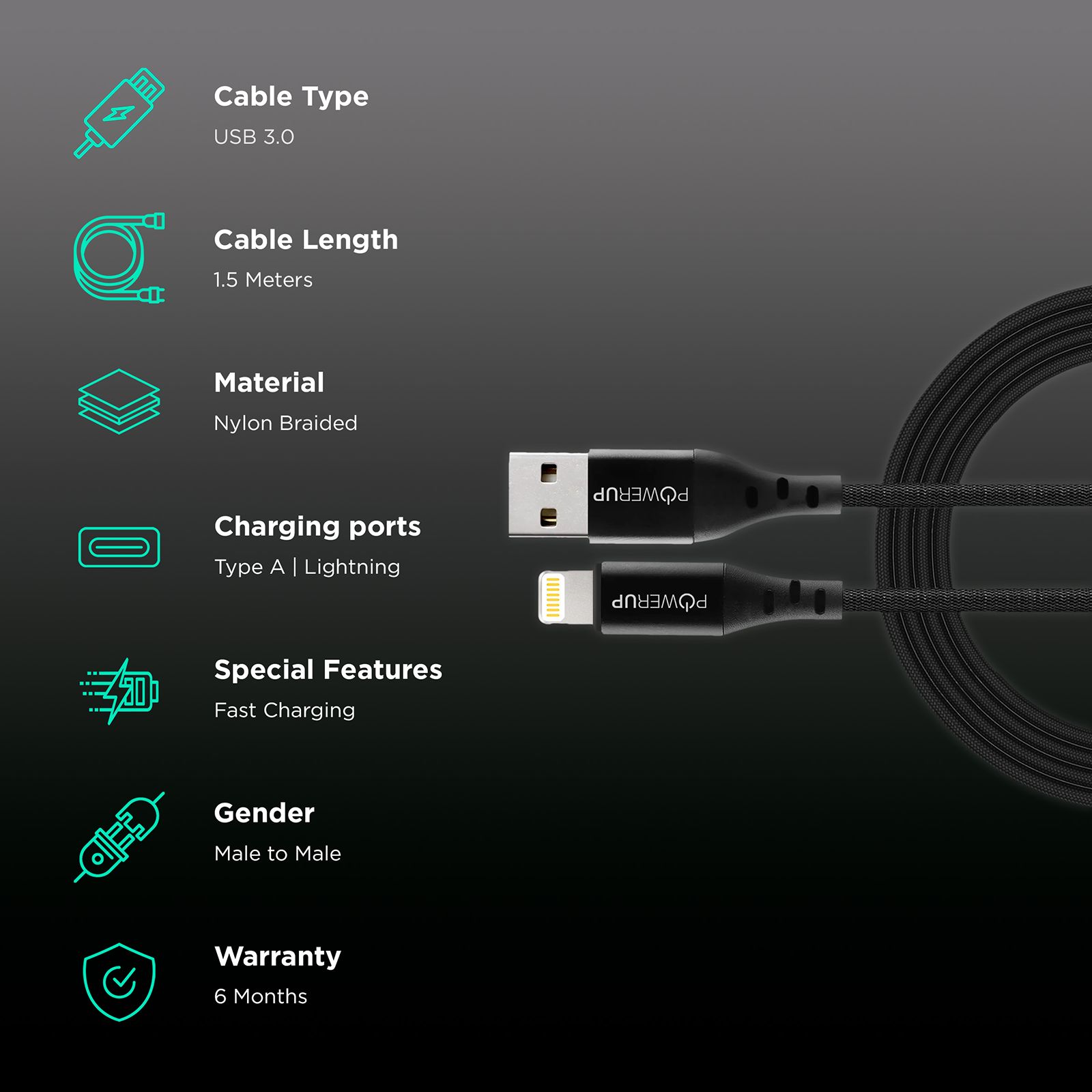 POWERUP Type A to Lightning 4.92 Feet (1.5M) Cable (Fast Charge and Data Sync, Black) POWERUP Type A to Lightning 4.92 Feet (1.5M) Cable (Fast Charge and Data Sync, Black)_2