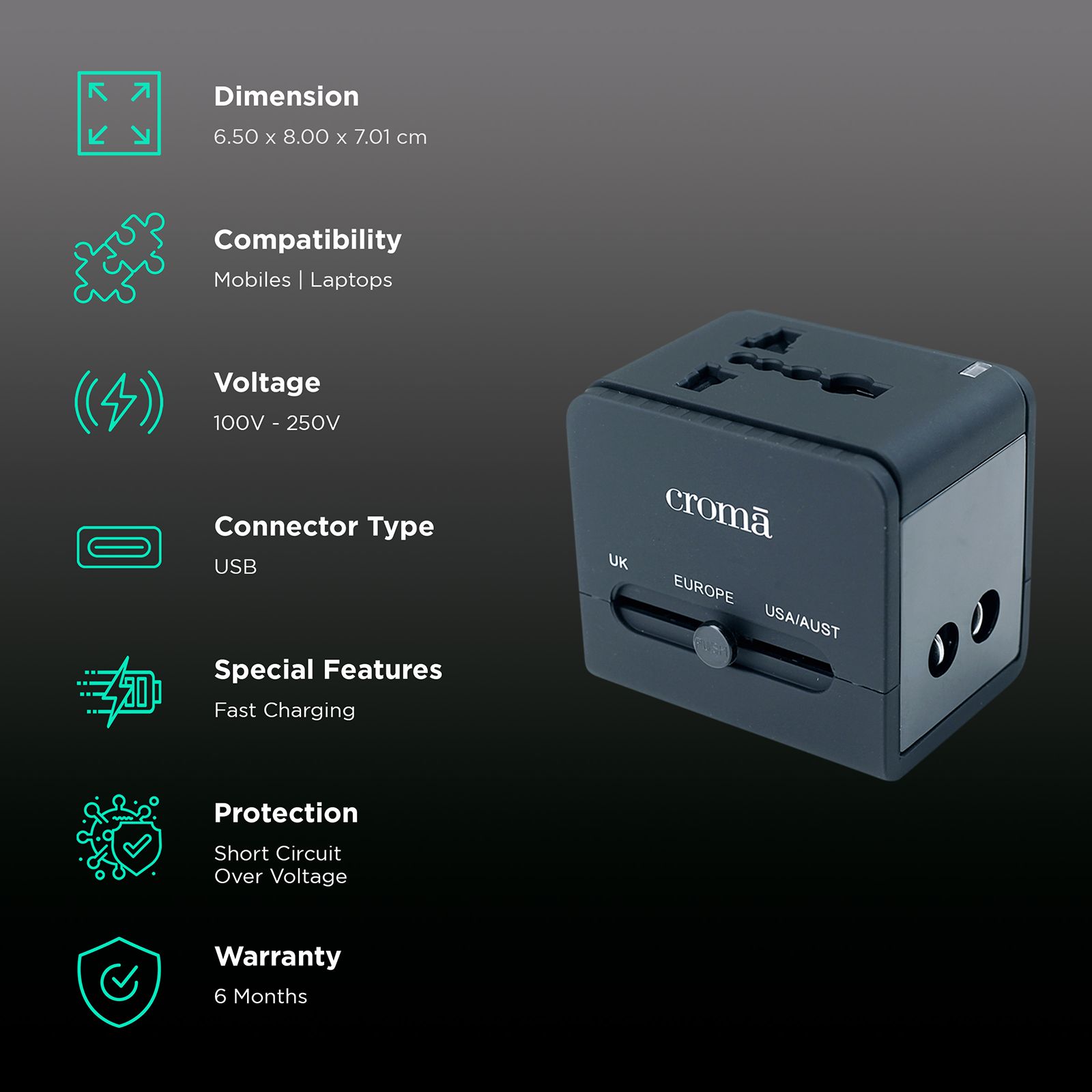 Croma 4 Plugs Universal Travel Adapter (Dual USB Port, CREP0144, Black) Croma 4 Plugs Universal Travel Adapter (Dual USB Port, CREP0144, Black)_2