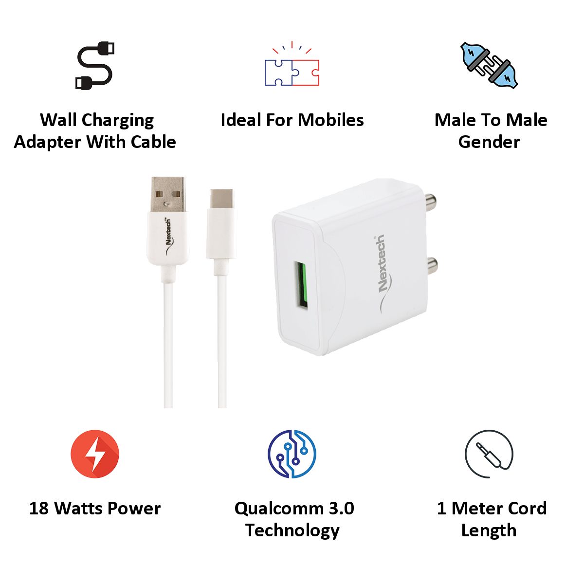 Nextech 18W Qualcomm 3.0 Wall Charger with Type C Cable Nextech 18W Qualcomm 3.0 Wall Charger with Type C Cable_3