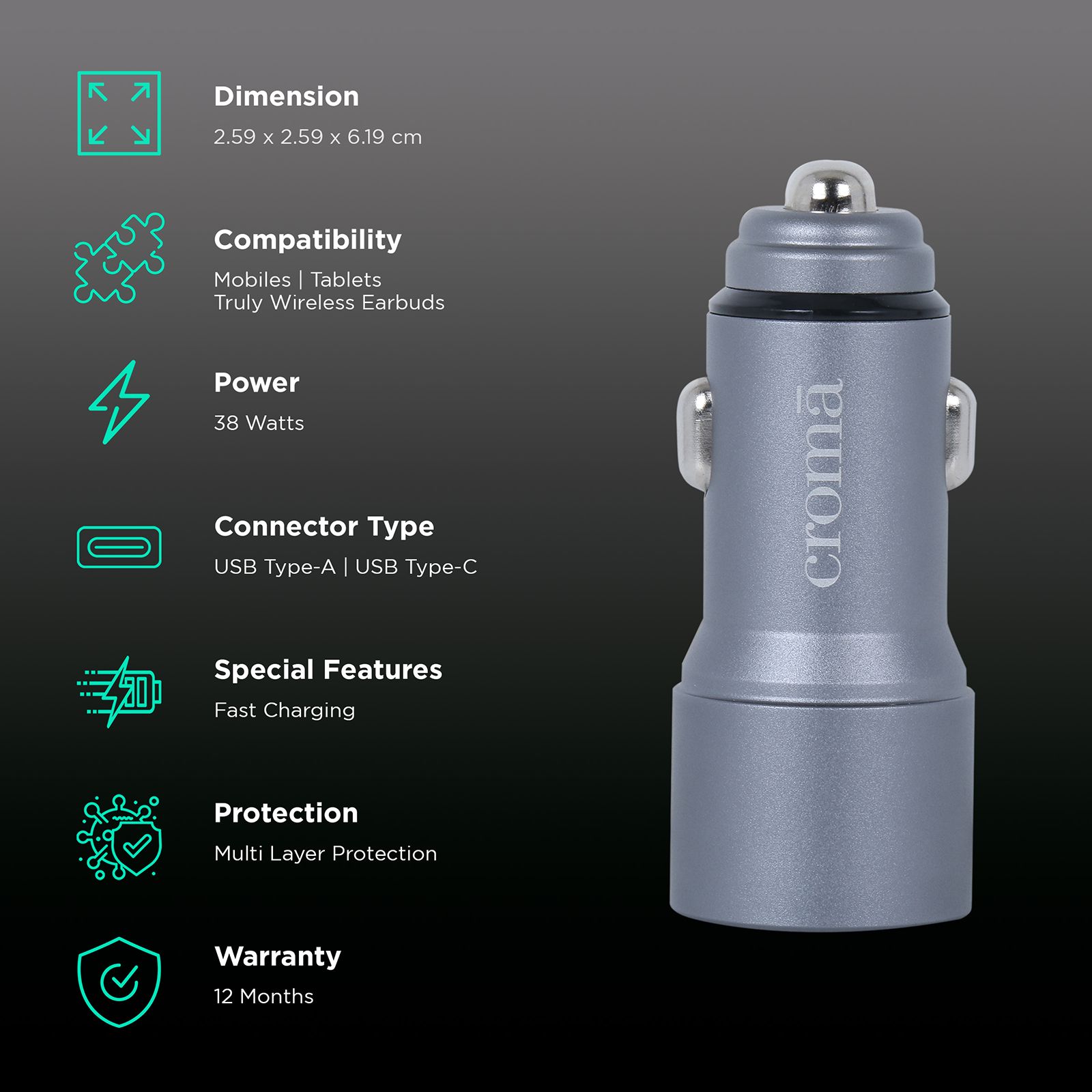 Croma 38 Watts Type A and Type C 2-Port Car Charger (Quick Charge 3.0, Grey) Croma 38 Watts Type A and Type C 2-Port Car Charger (Quick Charge 3.0, Grey)_2