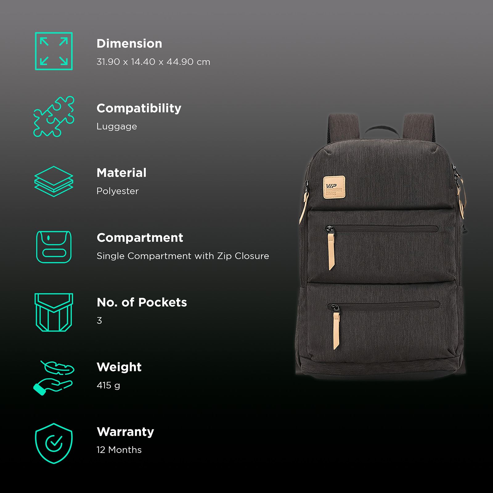 VIP Ride 01 19 Litres Polyester Casual Backpack (3 Front Pockets, BPRID01GRY, Grey)_2