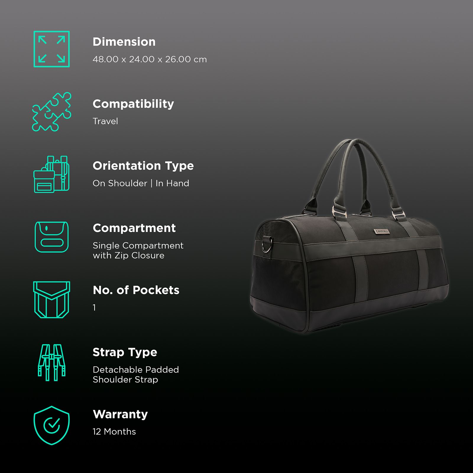 Carriall Eclat Water Resistant Fabric Duffle Bag (Detachable Strap, CADBECS01, Black)_2