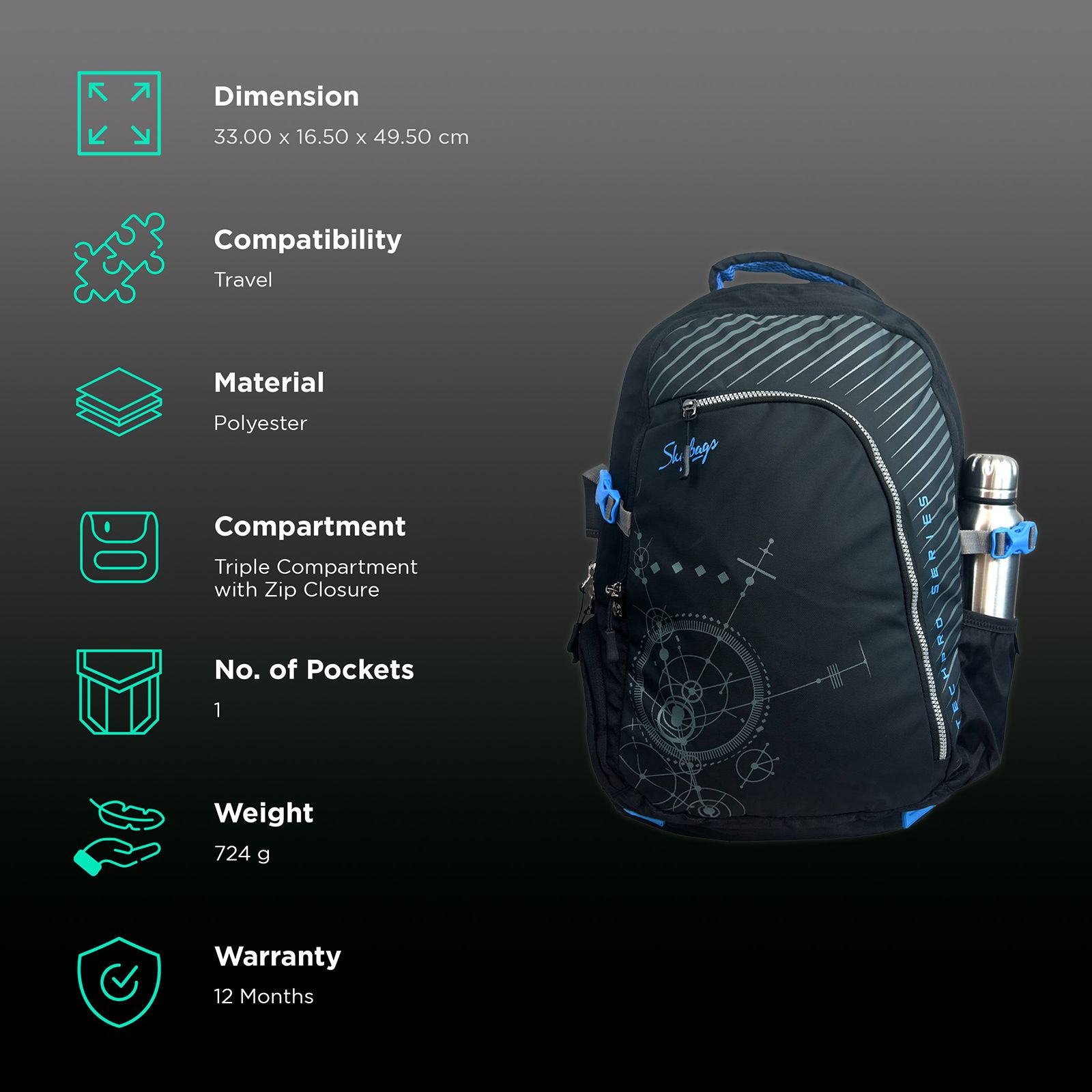 Skybags Valor Pro 33 Litres Polyester Backpack (With Rain Cover, LPBPVAP3BLK, Black)_2