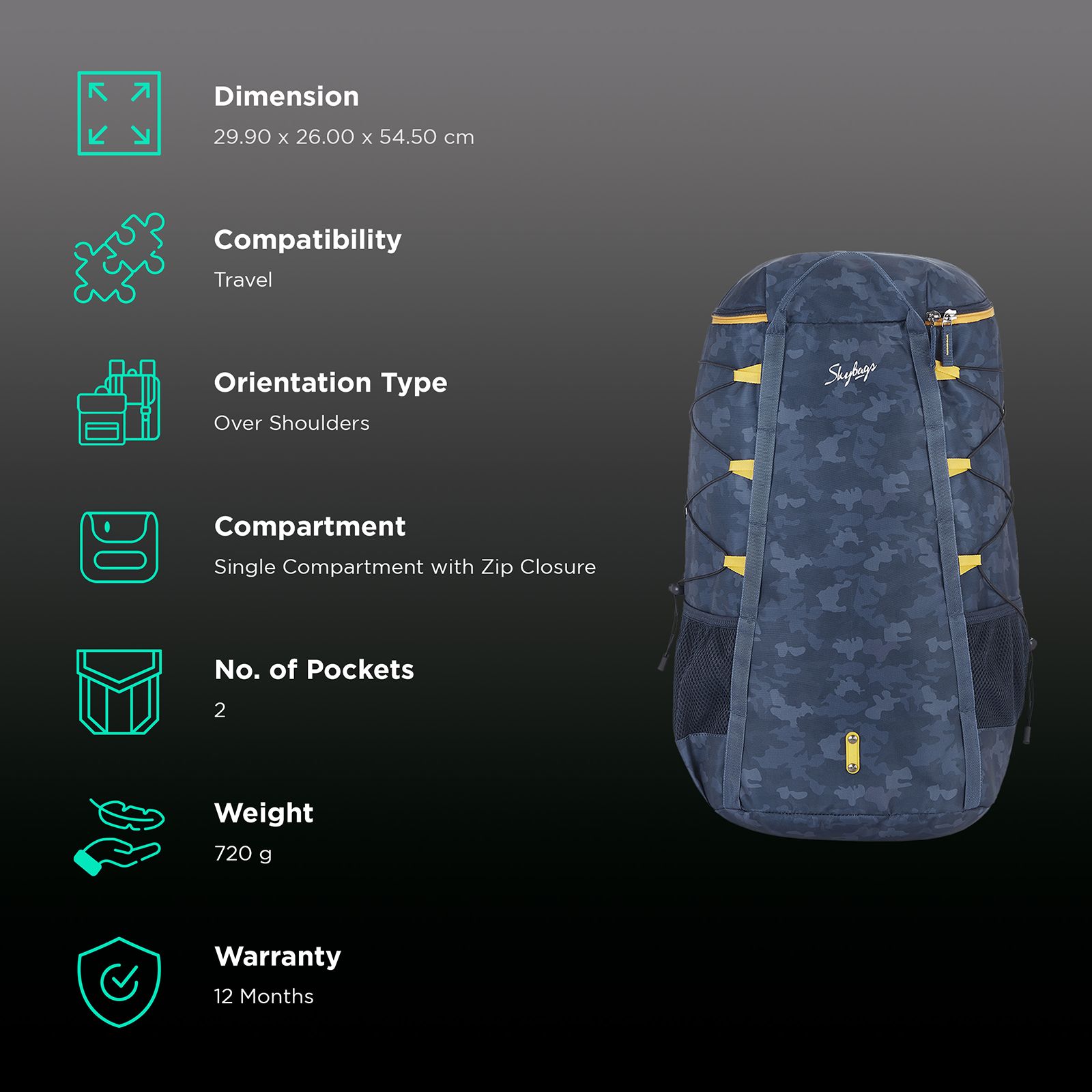 Skybags Hawk Backpack (Side Compression Loop, RSHAW45LBLU, Blue) Skybags Hawk Backpack (Side Compression Loop, RSHAW45LBLU, Blue)_2