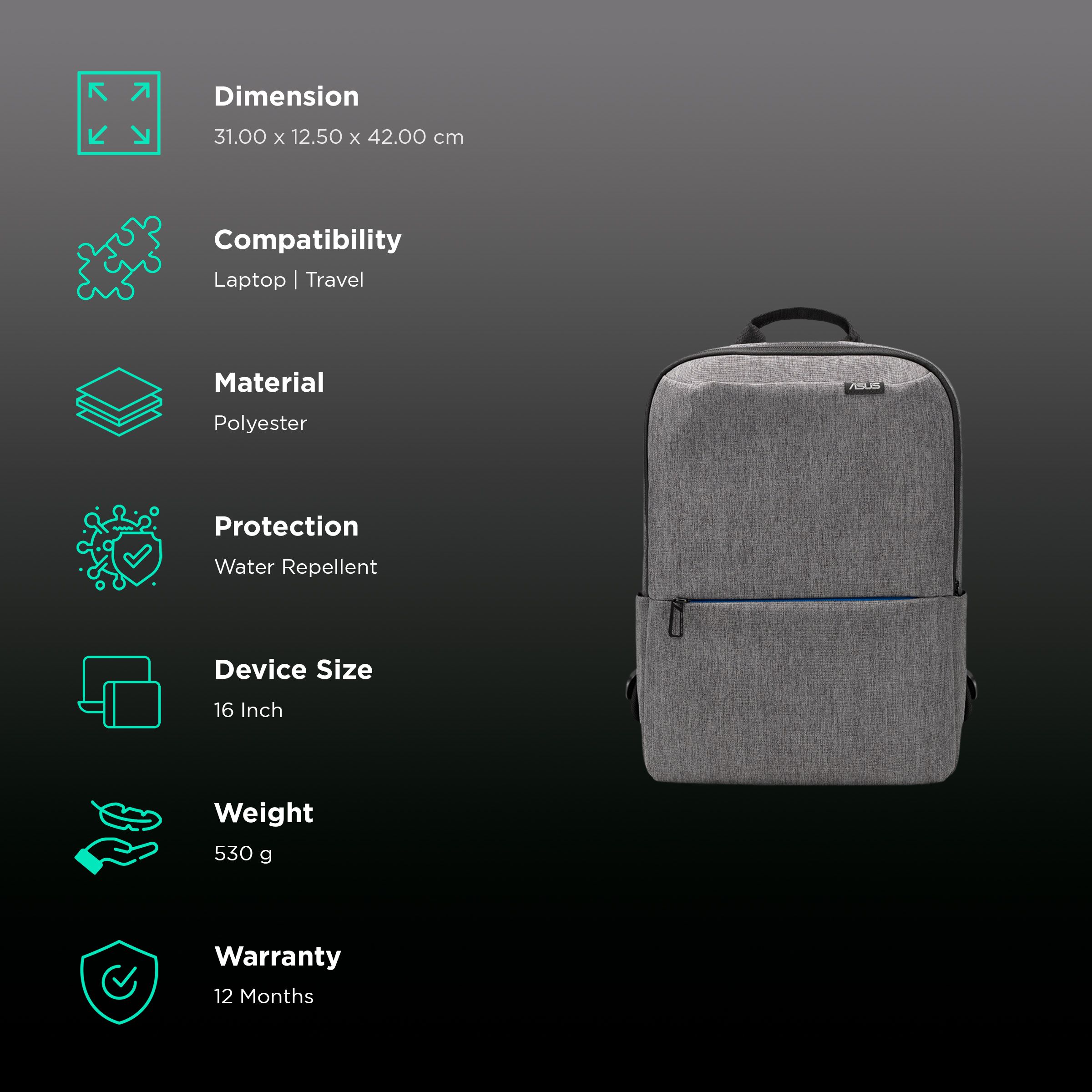 ASUS BP4600 Polyester Laptop Backpack for 16 Inch Laptop (Water-Repellent, Grey)_2