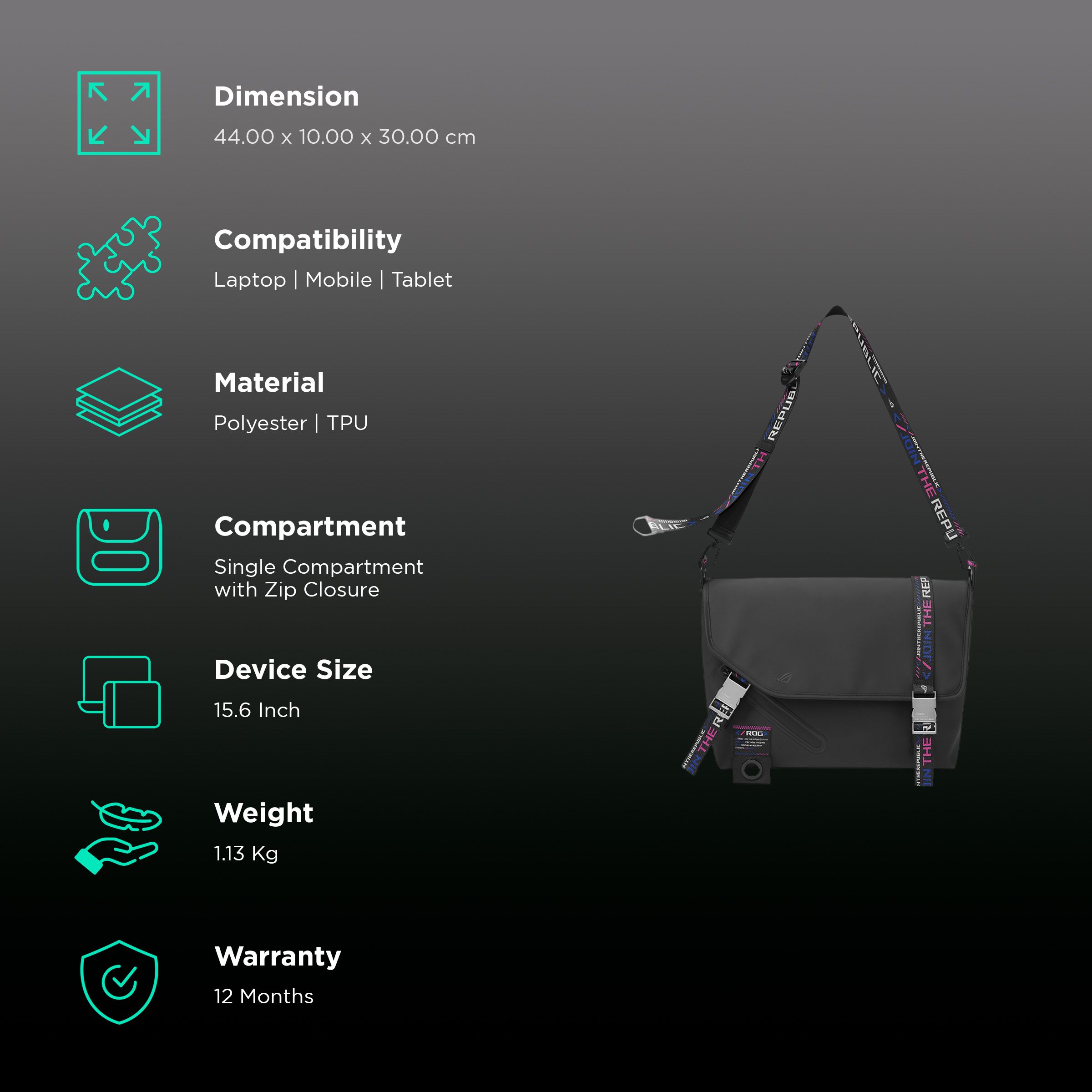 ASUS ROG Slash Classic BC3500  Polyester Messenger Bag For 15.6 Inch Laptops (Water-Repellent TPU Material, Black)_2