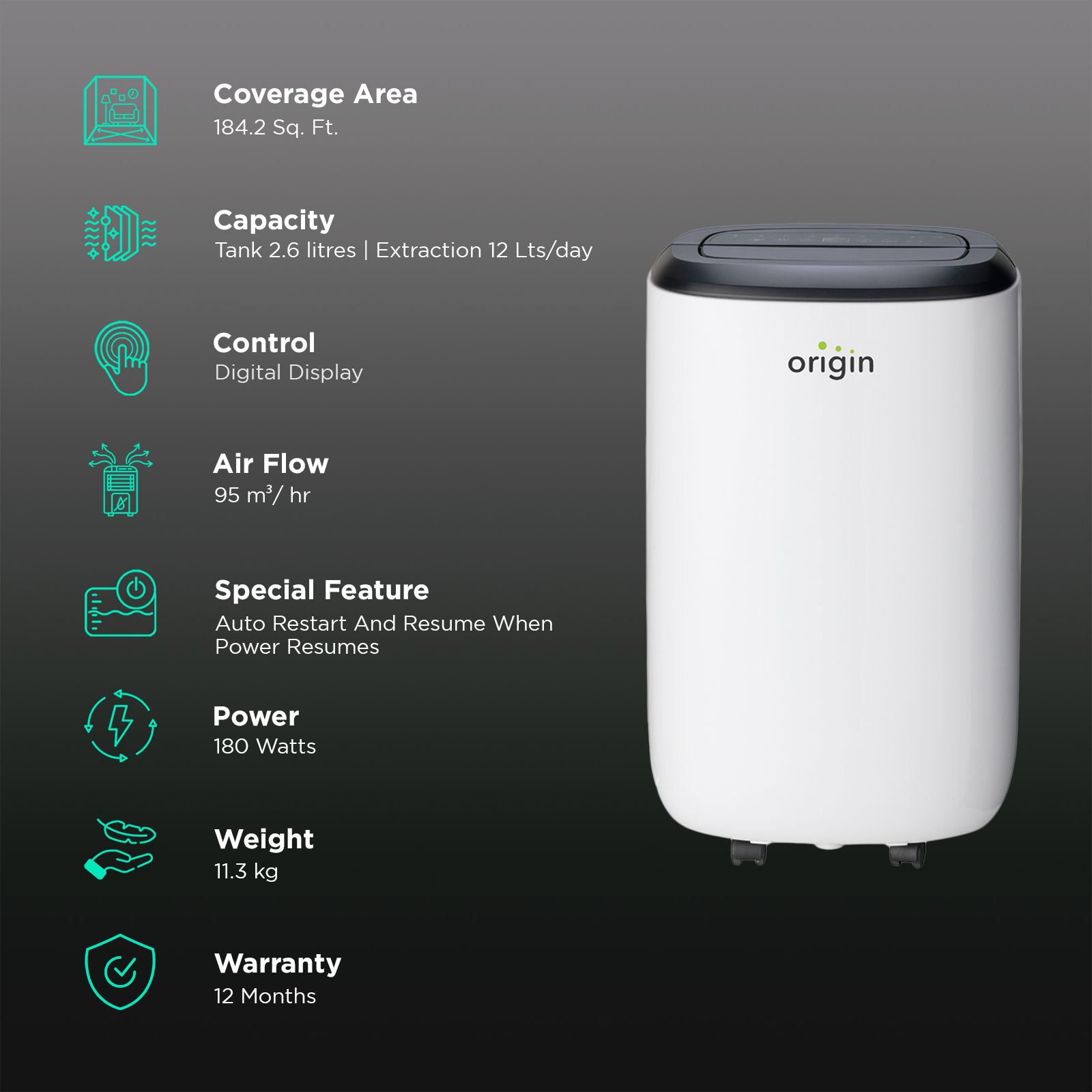 Origin O12i Wardrobe, Bedroom, Living Room, Guest Rooms, Office Cabins & Labs Dehumidifier with Digital Display (Electronic Humidity, White)_2