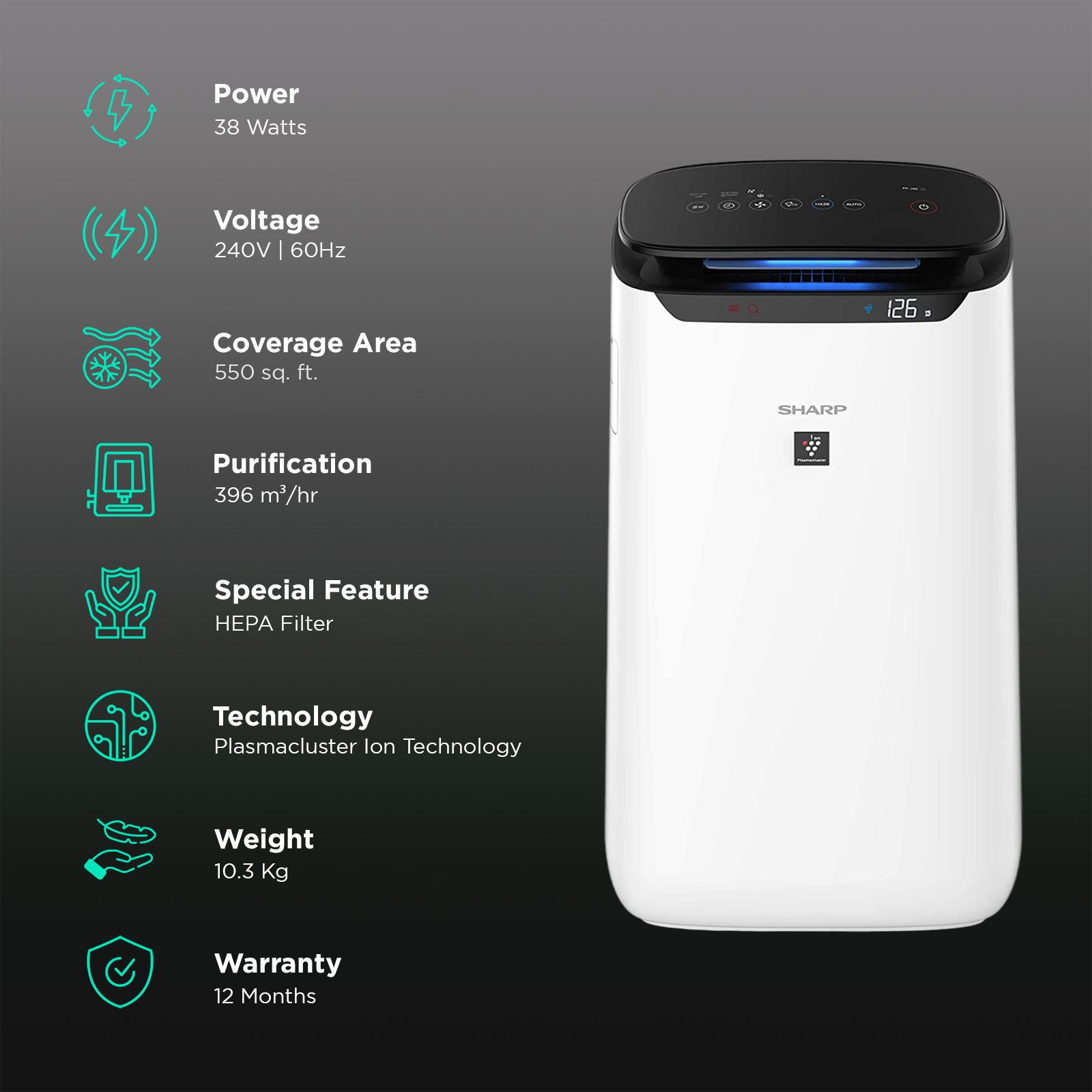 SHARP FP-J60M-W Air Purifier with Plasmacluster Ion Technology (PM 2.5 Indicator, White) SHARP FP-J60M-W Air Purifier with Plasmacluster Ion Technology (PM 2.5 Indicator, White)_2