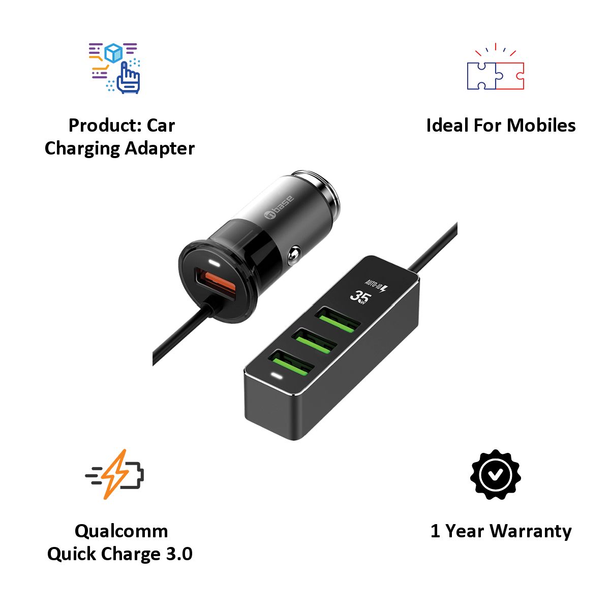 in base 35 Watts 4 USB Ports Car Charging Adapter (Quallcomm Quick Charge 3.0, Black) in base 35 Watts 4 USB Ports Car Charging Adapter (Quallcomm Quick Charge 3.0, Black)_3
