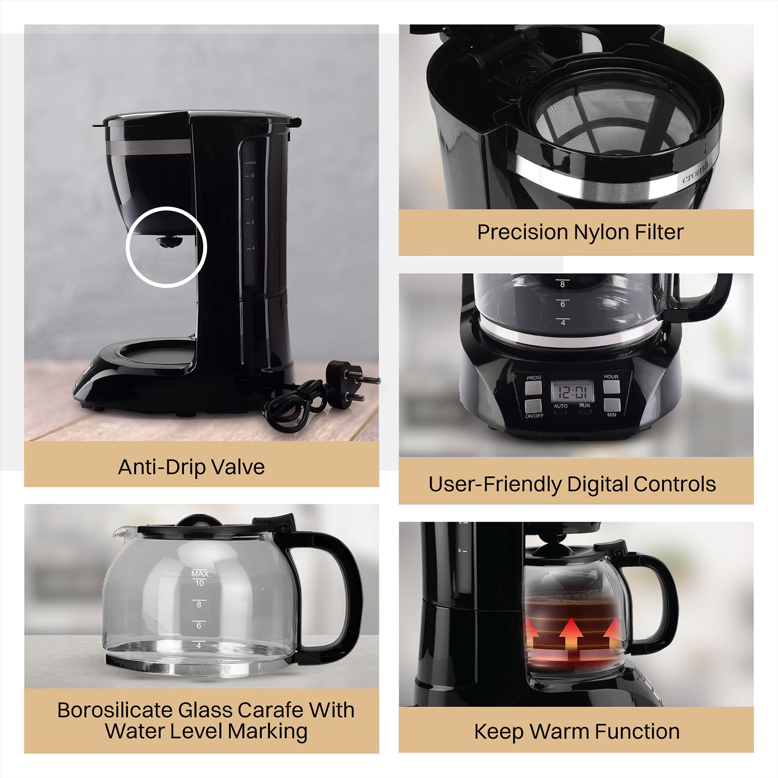 Croma 900 Watt 10 Cups Manual Espresso Coffee Maker with Keep Warm Function (Black)_15