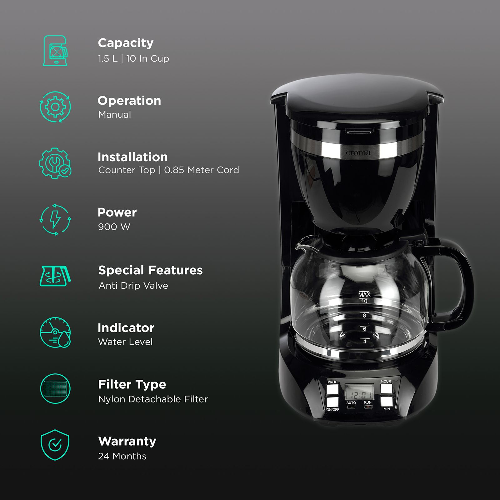 Croma 900 Watt 10 Cups Manual Espresso Coffee Maker with Keep Warm Function (Black)_3