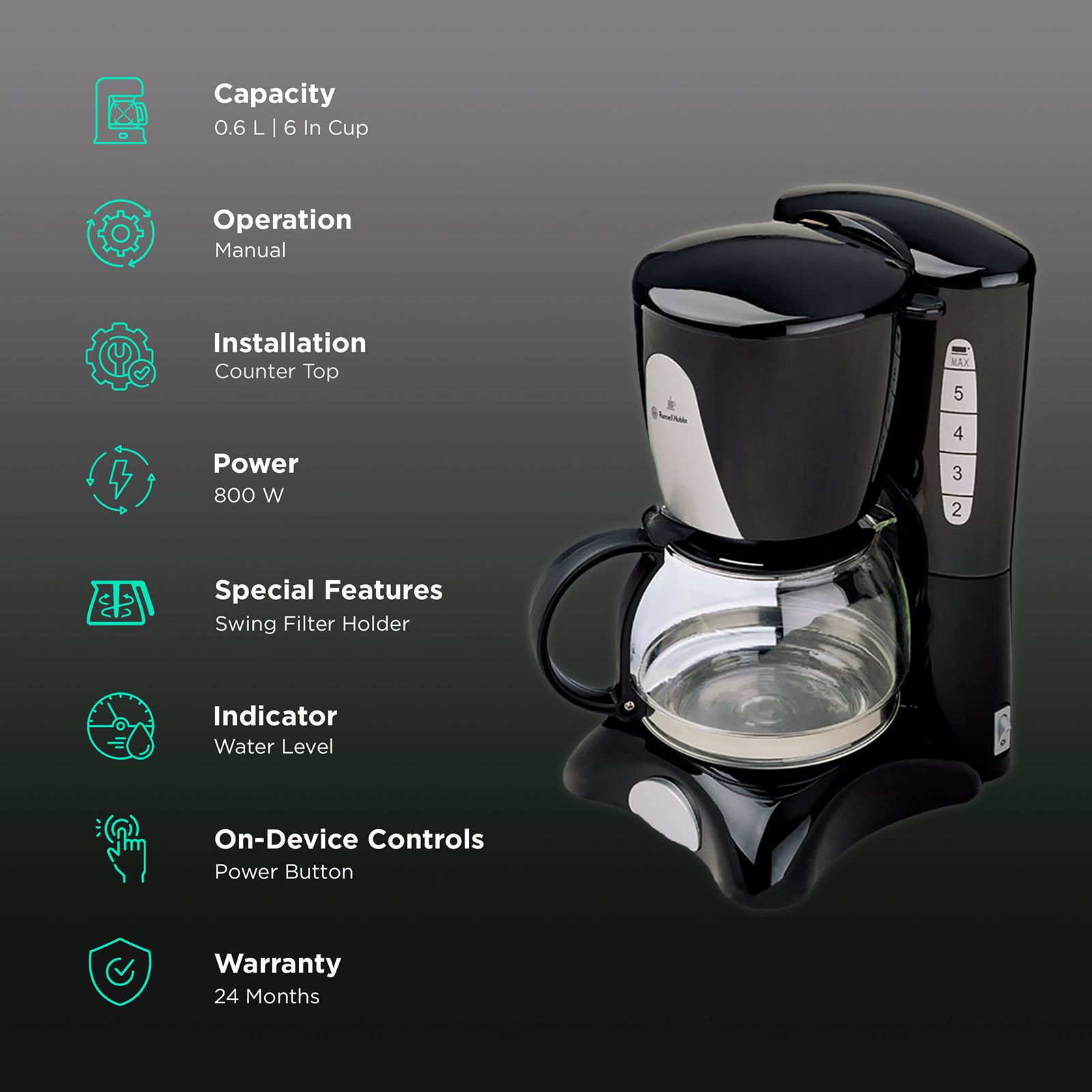 Russell Hobbs 800 Watt 6 Cups Manual Espresso Coffee Maker with Non Drip Valve (Black)_3