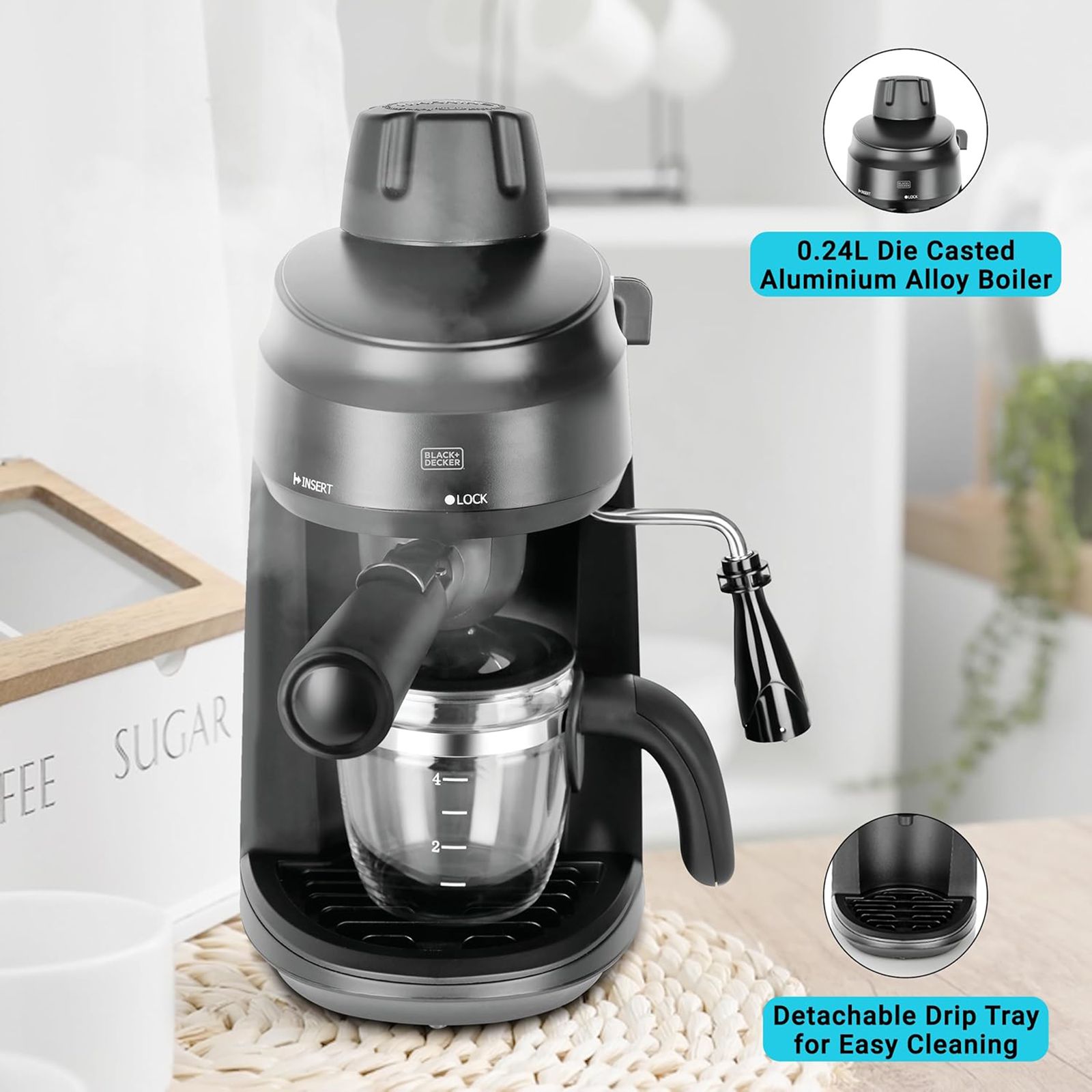 BLACK+DECKER BXCM0401IN 870 Watt 4 Cups Automatic Cappuccino & Espresso Coffee Maker with Detachable Drip Tray (Black) BLACK+DECKER BXCM0401IN 870 Watt 4 Cups Automatic Cappuccino & Espresso Coffee Maker with Detachable Drip Tray (Black)_13