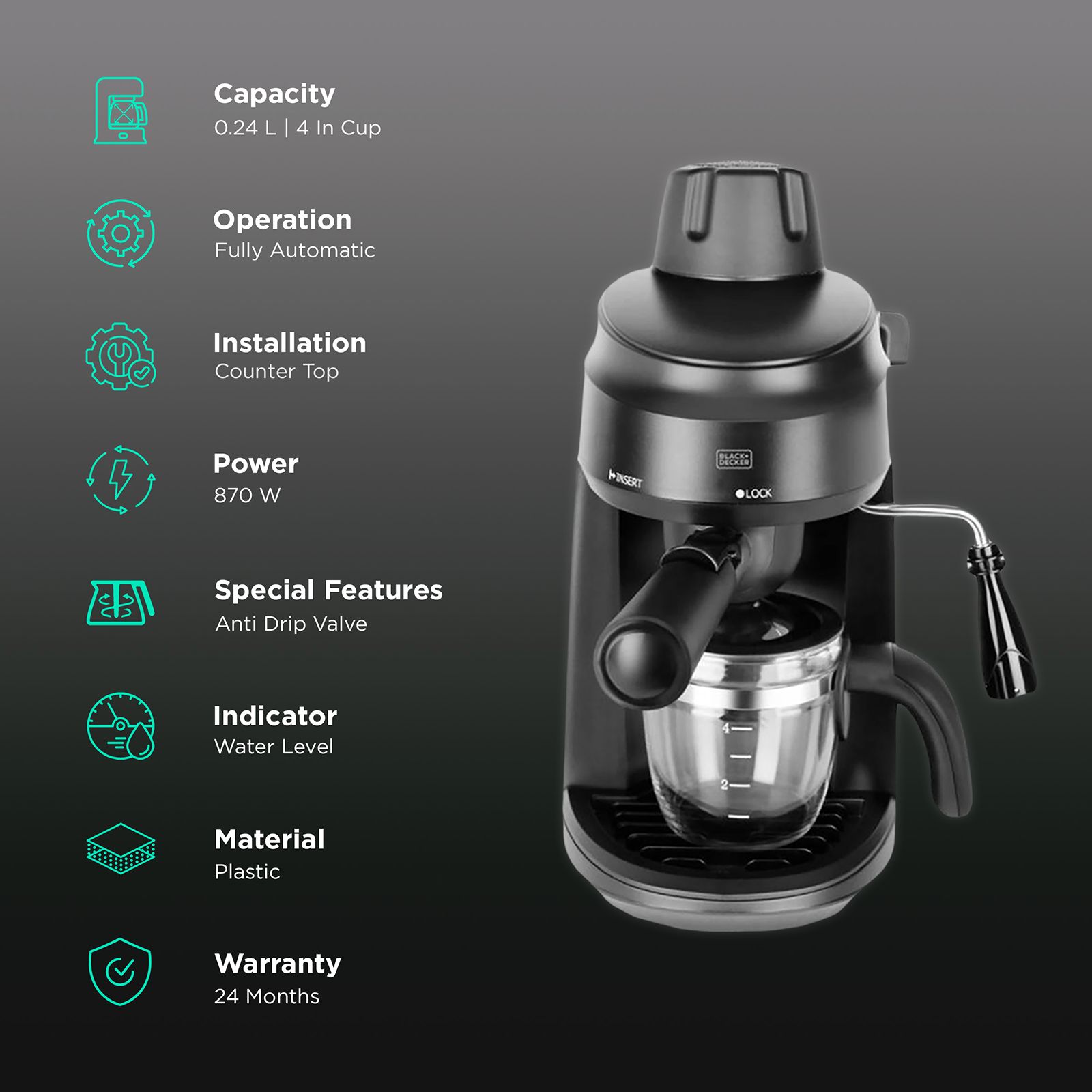 BLACK+DECKER BXCM0401IN 870 Watt 4 Cups Automatic Cappuccino & Espresso Coffee Maker with Detachable Drip Tray (Black) BLACK+DECKER BXCM0401IN 870 Watt 4 Cups Automatic Cappuccino & Espresso Coffee Maker with Detachable Drip Tray (Black)_3