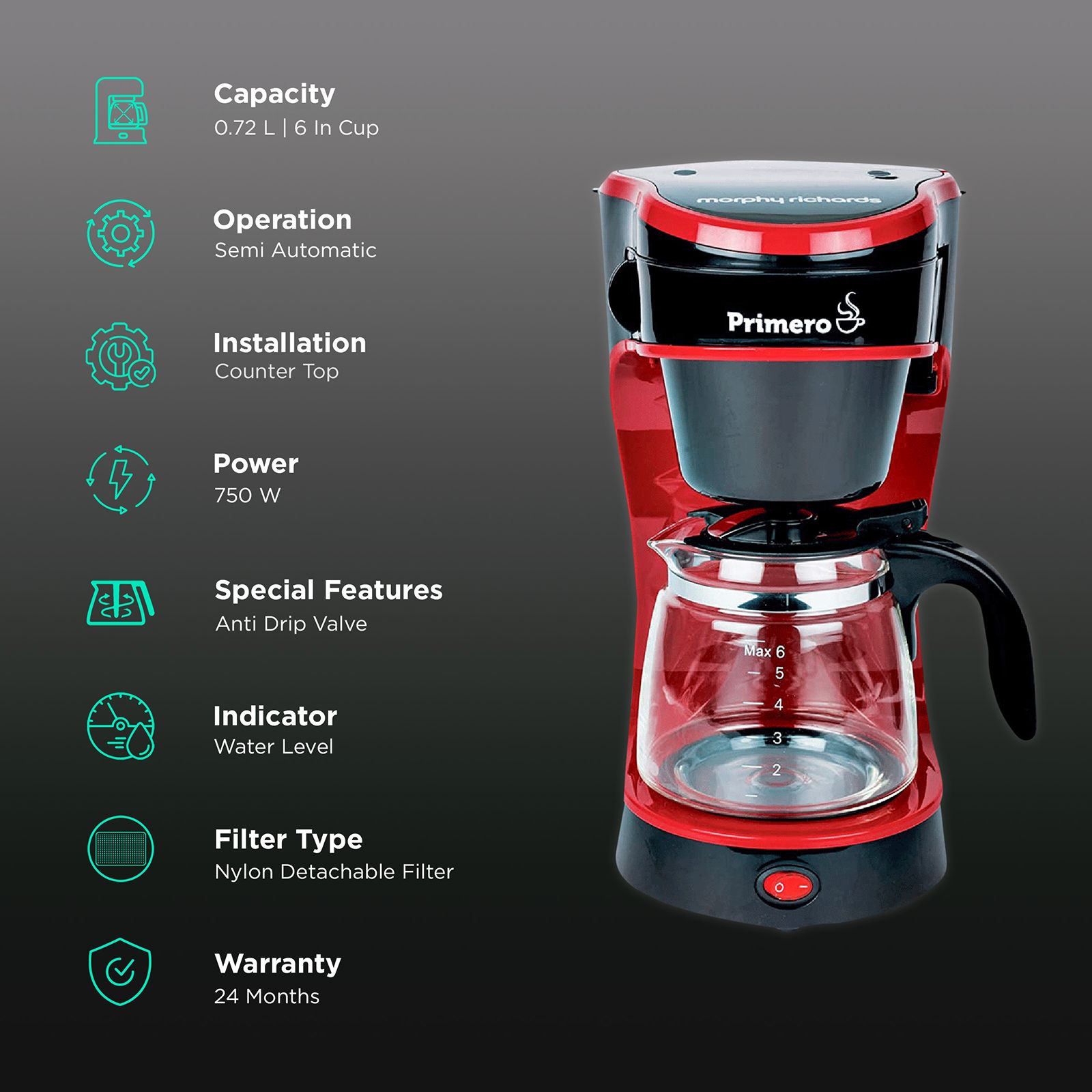 morphy richards Primero 750 Watt 6 Cups Automatic Drip Coffee Maker with Anti Drip Function (Black/Red) morphy richards Primero 750 Watt 6 Cups Automatic Drip Coffee Maker with Anti Drip Function (Black/Red)_3