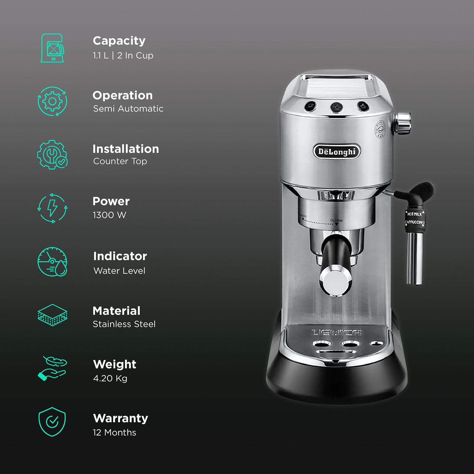 De'Longhi Dedica 1300 Watt 2 Cups Automatic Espresso Coffee Maker with Thermoblock Technology (Metallic) De'Longhi Dedica 1300 Watt 2 Cups Automatic Espresso Coffee Maker with Thermoblock Technology (Metallic)_3