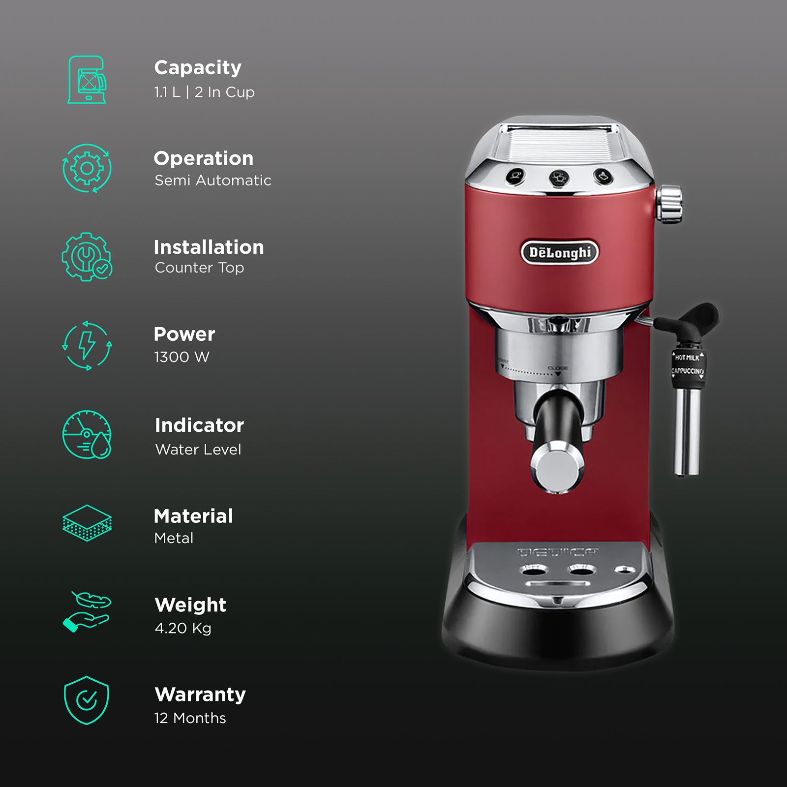 De'Longhi Dedica 1300 Watt 2 Cups Semi-Automatic Espresso Coffee Maker with Thermoblock Technology (Red) De'Longhi Dedica 1300 Watt 2 Cups Semi-Automatic Espresso Coffee Maker with Thermoblock Technology (Red)_3