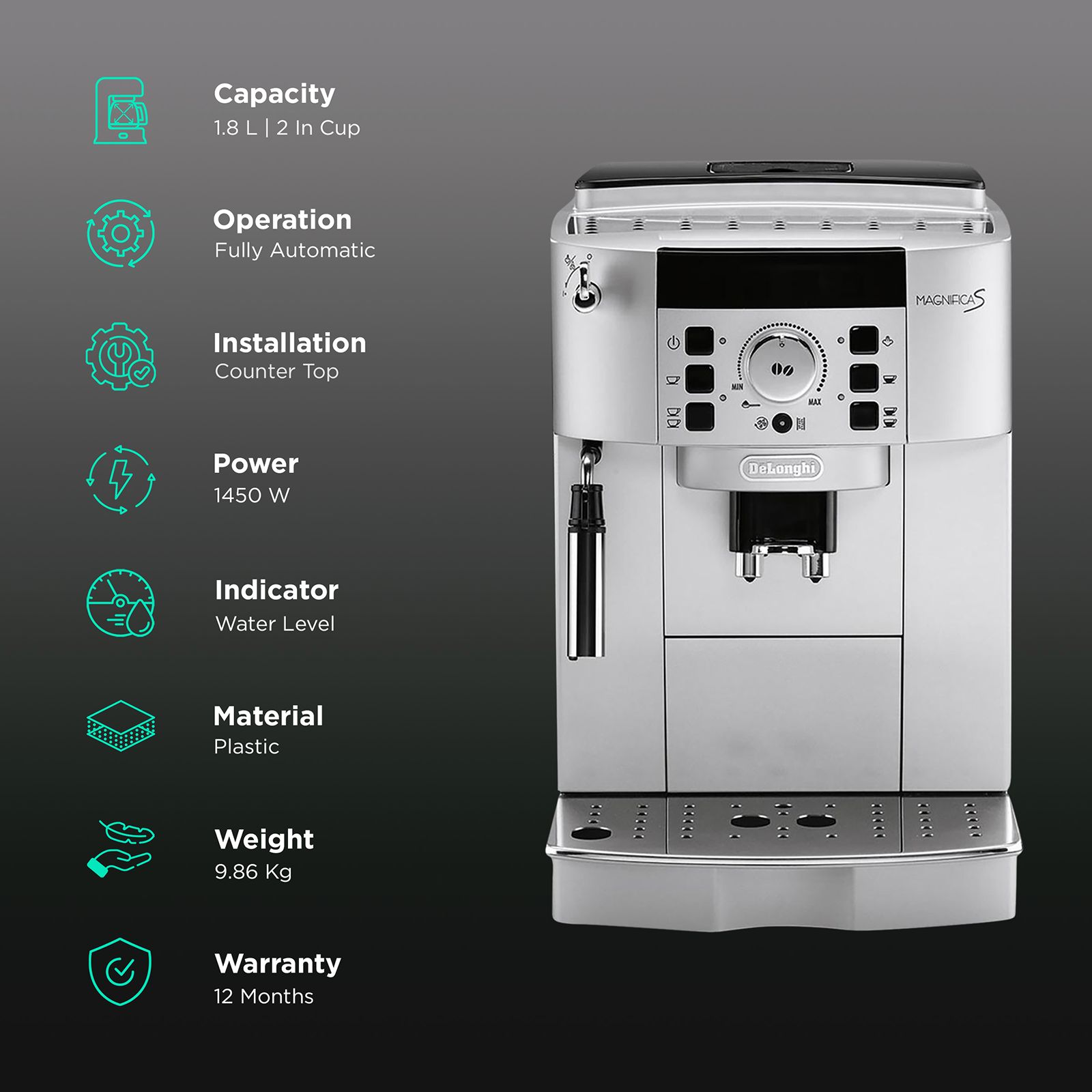 De'Longhi Magnifica S 1450 Watt 2 Cups Automatic Cappuccino & Espresso Coffee Maker with Thermoblock Technology (Silver/Black) De'Longhi Magnifica S 1450 Watt 2 Cups Automatic Cappuccino & Espresso Coffee Maker with Thermoblock Technology (Silver/Black)_3