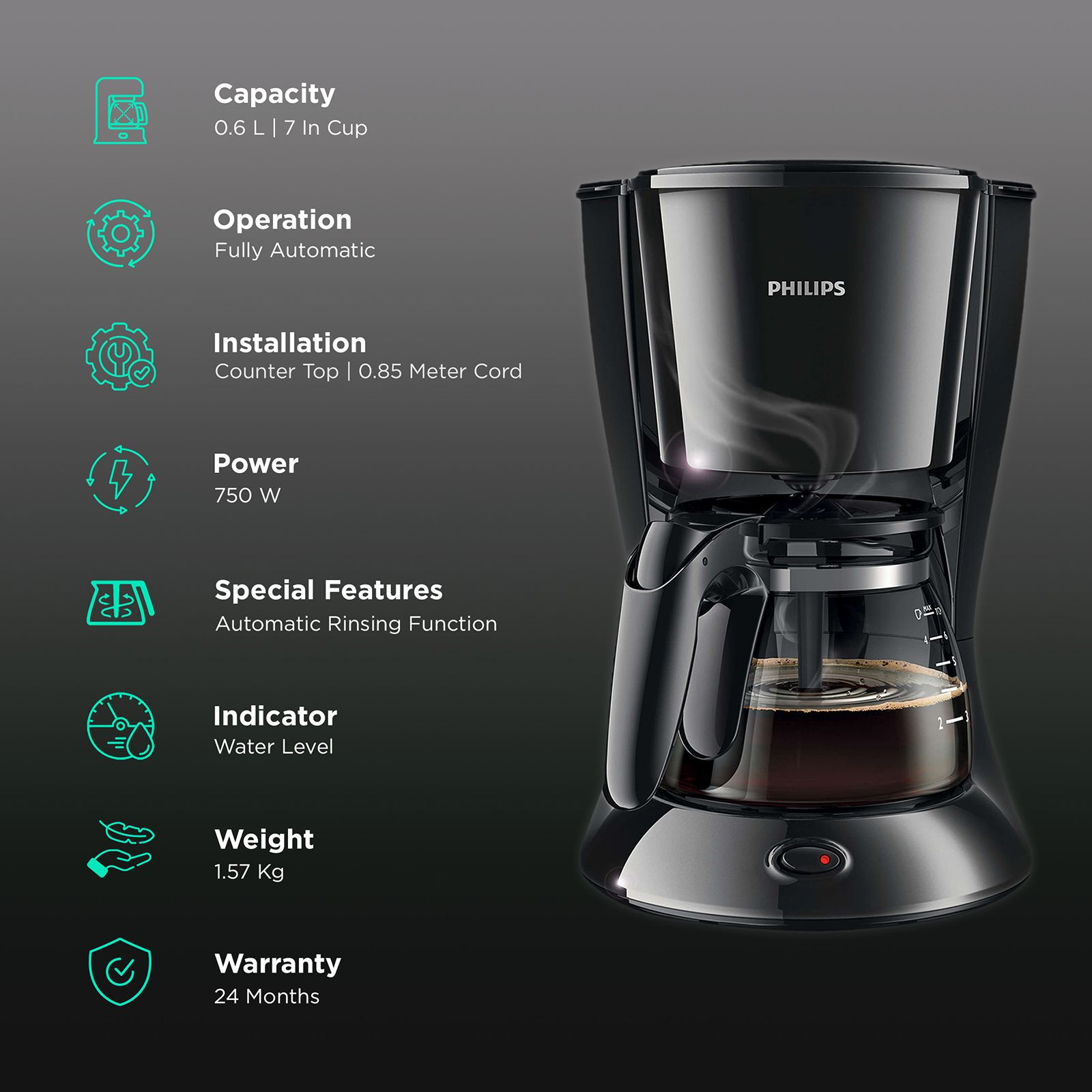 PHILIPS Daily Collection 750 Watt 7 Cups Automatic Drip Coffee Maker with Water Level Indicator (Black) PHILIPS Daily Collection 750 Watt 7 Cups Automatic Drip Coffee Maker with Water Level Indicator (Black)_3