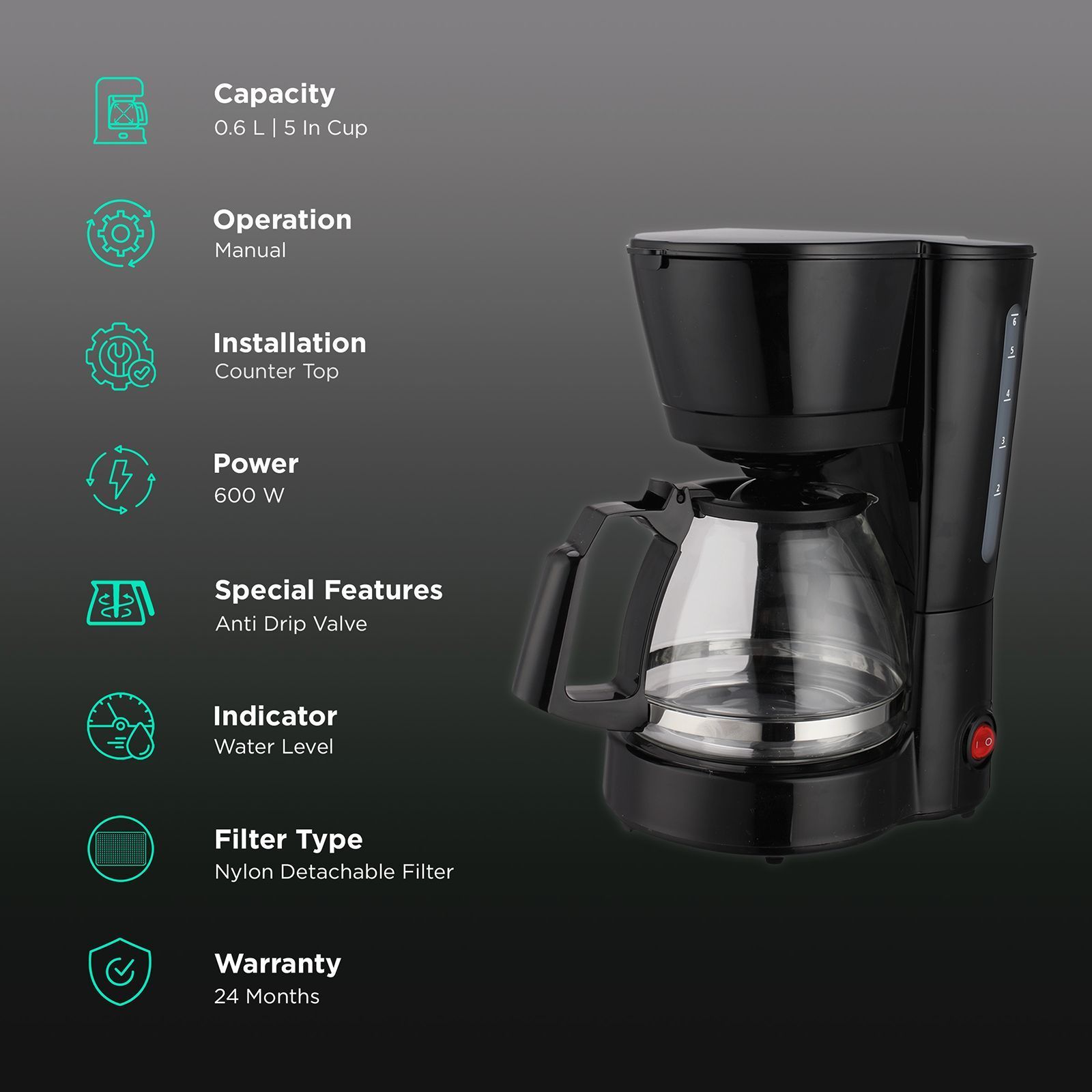 Croma 600 Watt 5 Cups Manual Black Coffee Maker with Rust Resistant (Black) Croma 600 Watt 5 Cups Manual Black Coffee Maker with Rust Resistant (Black)_2