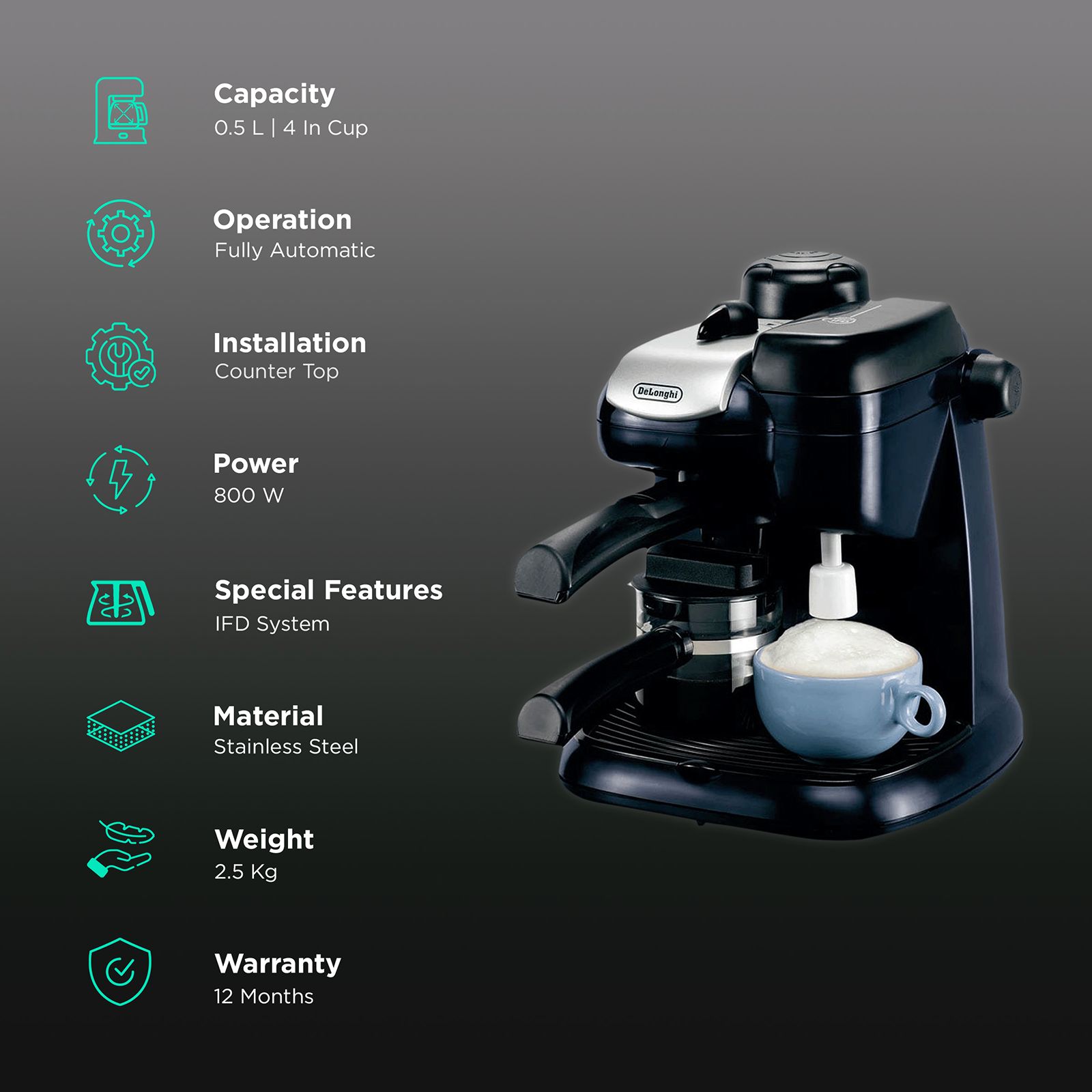 De'Longhi EC9 800 Watt 4 Cups Automatic Cappuccino Coffee Maker with Heat Resistant (Black) De'Longhi EC9 800 Watt 4 Cups Automatic Cappuccino Coffee Maker with Heat Resistant (Black)_3
