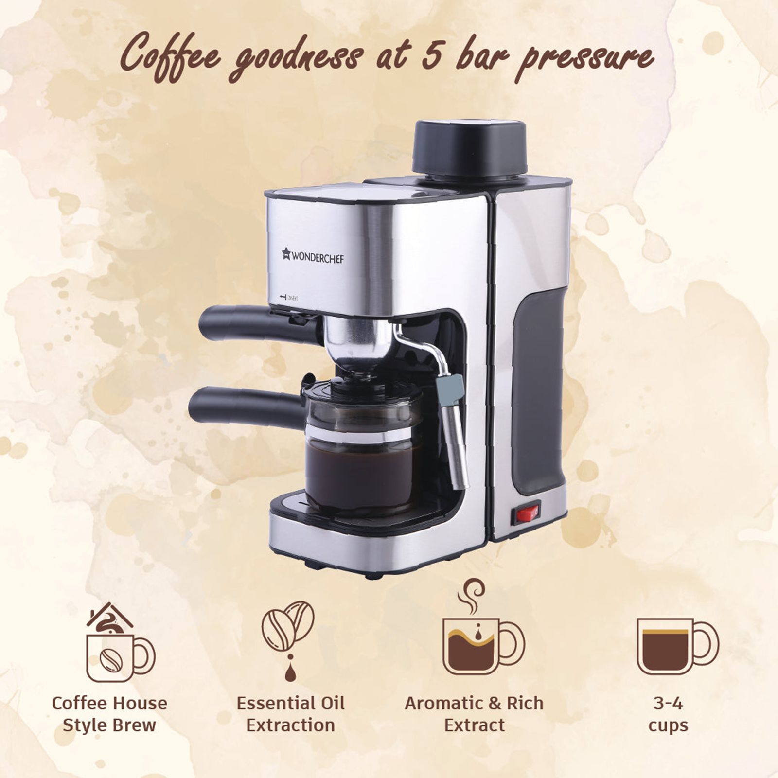 WONDERCHEF Regalia 1000 Watt 4 Cups Automatic Espresso, Cappuccino & Latte Coffee Maker with Removable Drip Tray (Steel) WONDERCHEF Regalia 1000 Watt 4 Cups Automatic Espresso, Cappuccino & Latte Coffee Maker with Removable Drip Tray (Steel)_12