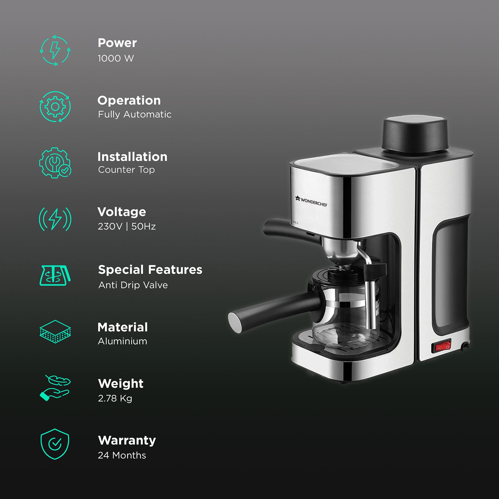 WONDERCHEF Regalia 1000 Watt 4 Cups Automatic Espresso, Cappuccino & Latte Coffee Maker with Removable Drip Tray (Steel) WONDERCHEF Regalia 1000 Watt 4 Cups Automatic Espresso, Cappuccino & Latte Coffee Maker with Removable Drip Tray (Steel)_3