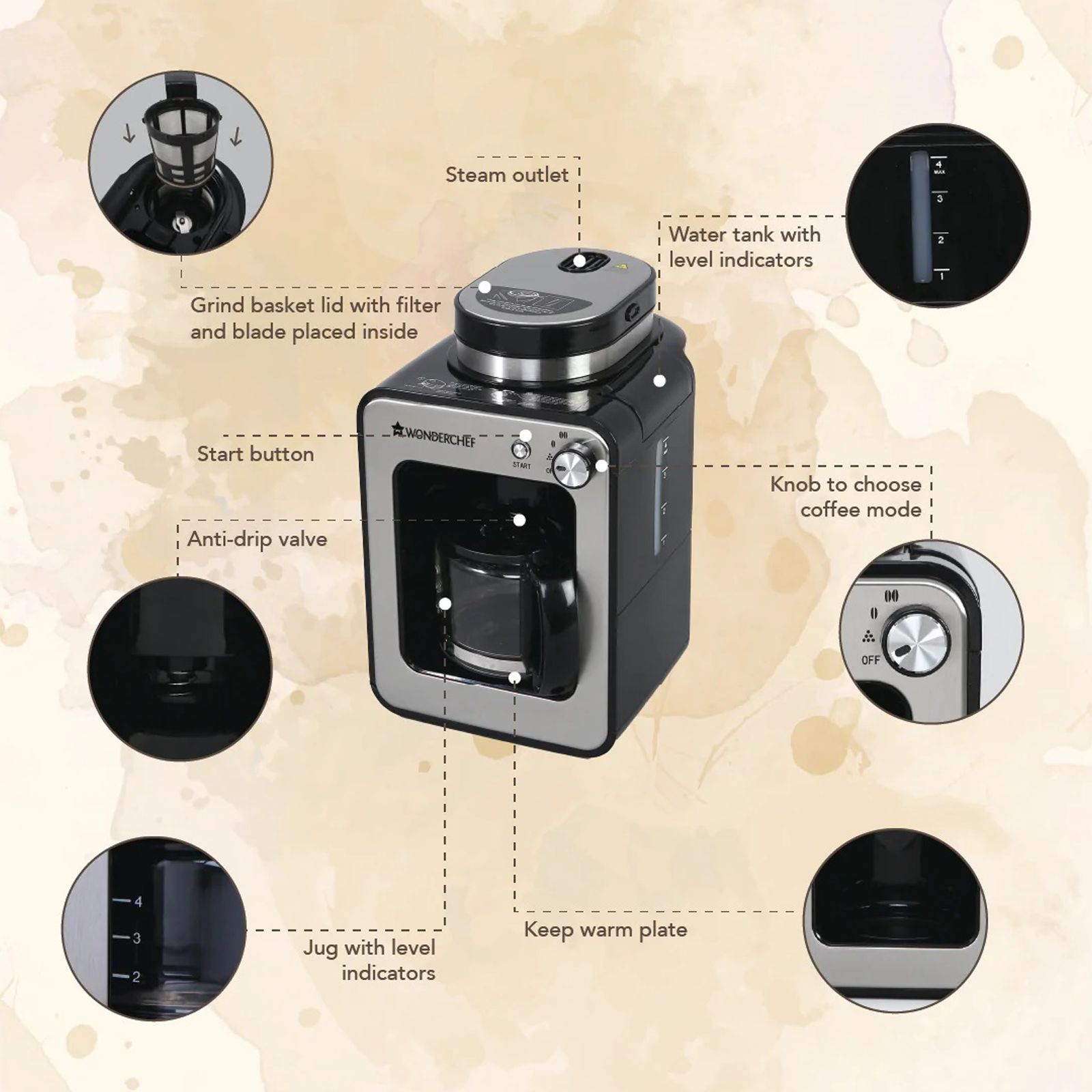 WONDERCHEF Regalia 4 Cups Automatic Black Coffee Maker with Anti Drip Valve (Black/Silver)_4