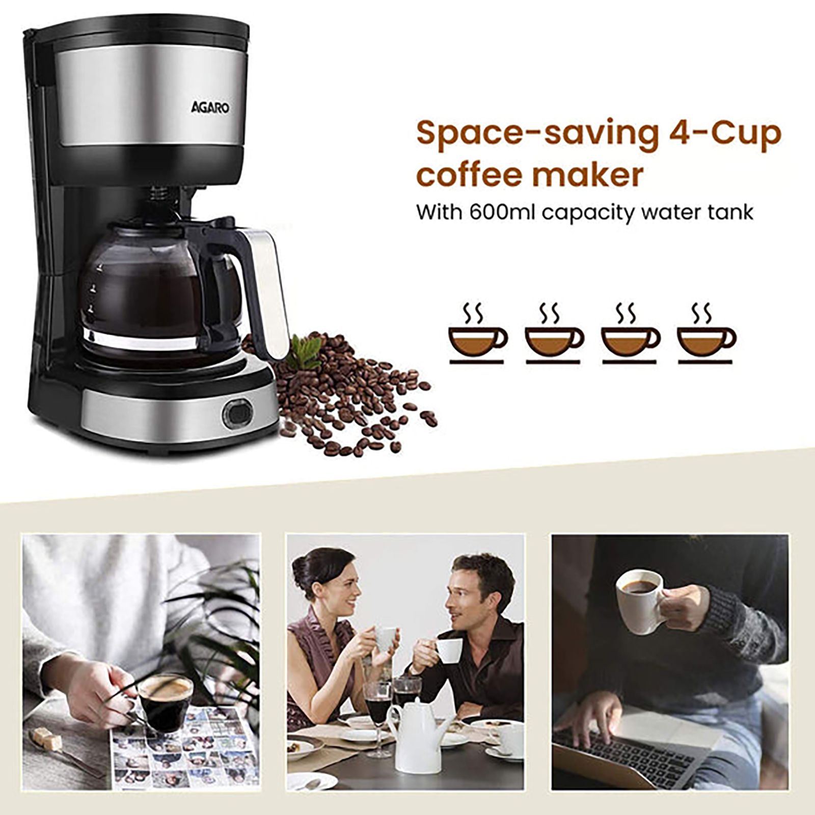 AGARO Royal 750 Watt 4 Cups Automatic Drip Coffee Maker with Auto Shut Off (Black/Silver)_4