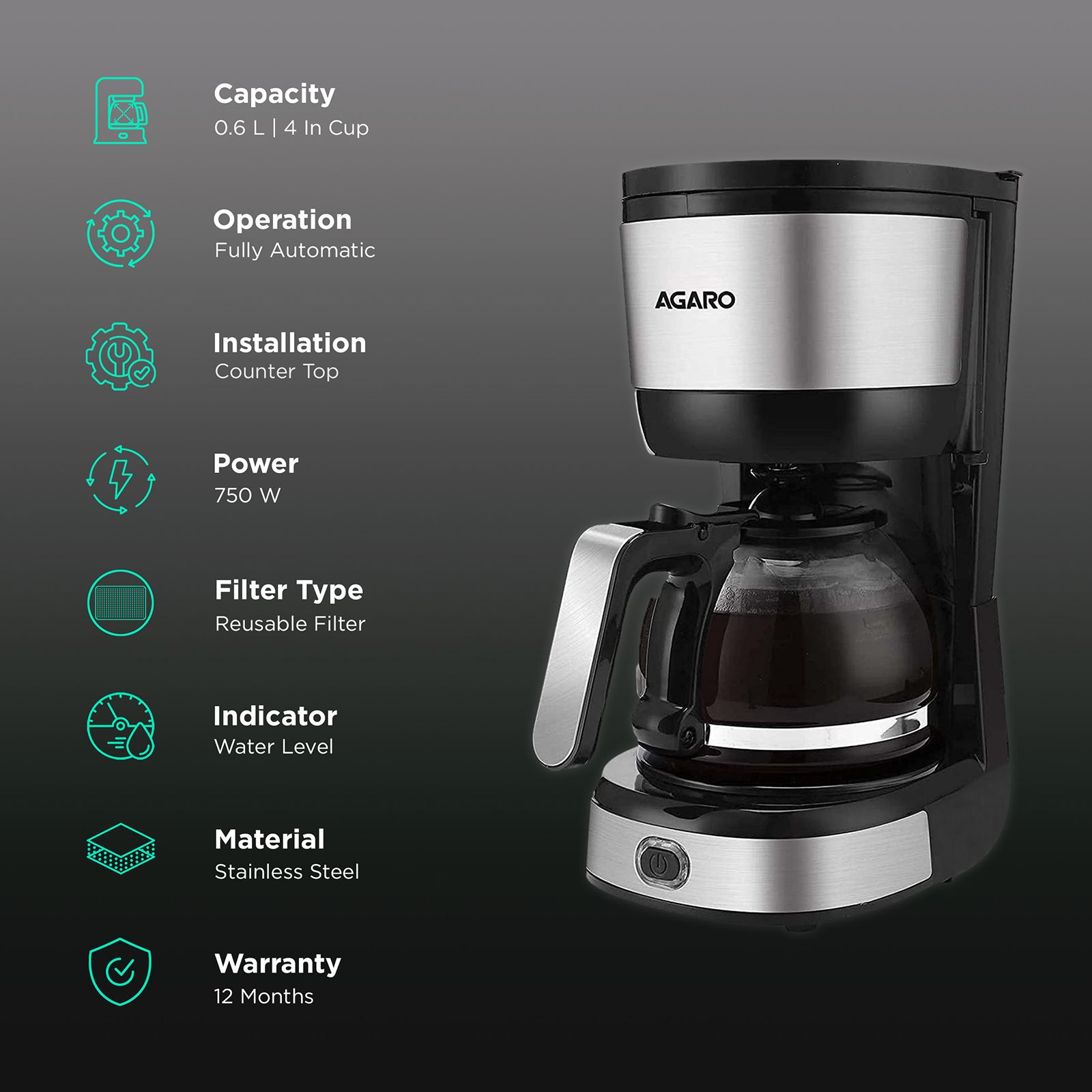 AGARO Royal 750 Watt 4 Cups Automatic Drip Coffee Maker with Auto Shut Off (Black/Silver)_3