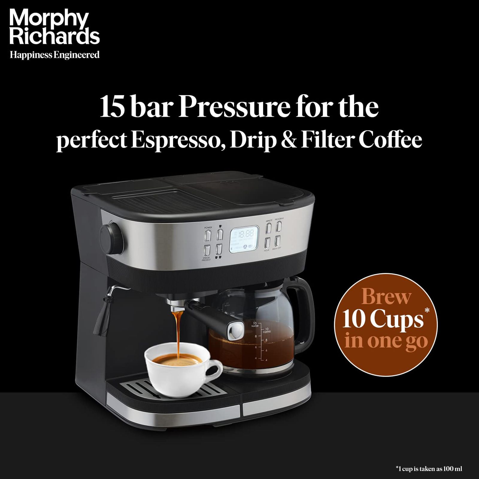 morphy richards DuoPresso 1850 Watt 10 Cups Automatic Espresso, Cappuccino & Latte Coffee Maker with Overheat Protection (Black) morphy richards DuoPresso 1850 Watt 10 Cups Automatic Espresso, Cappuccino & Latte Coffee Maker with Overheat Protection (Black)_4