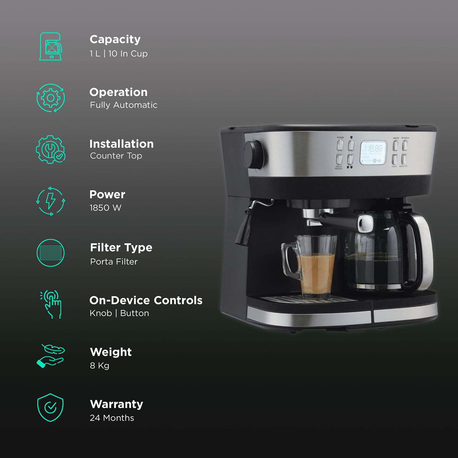 morphy richards DuoPresso 1850 Watt 10 Cups Automatic Espresso, Cappuccino & Latte Coffee Maker with Overheat Protection (Black) morphy richards DuoPresso 1850 Watt 10 Cups Automatic Espresso, Cappuccino & Latte Coffee Maker with Overheat Protection (Black)_3