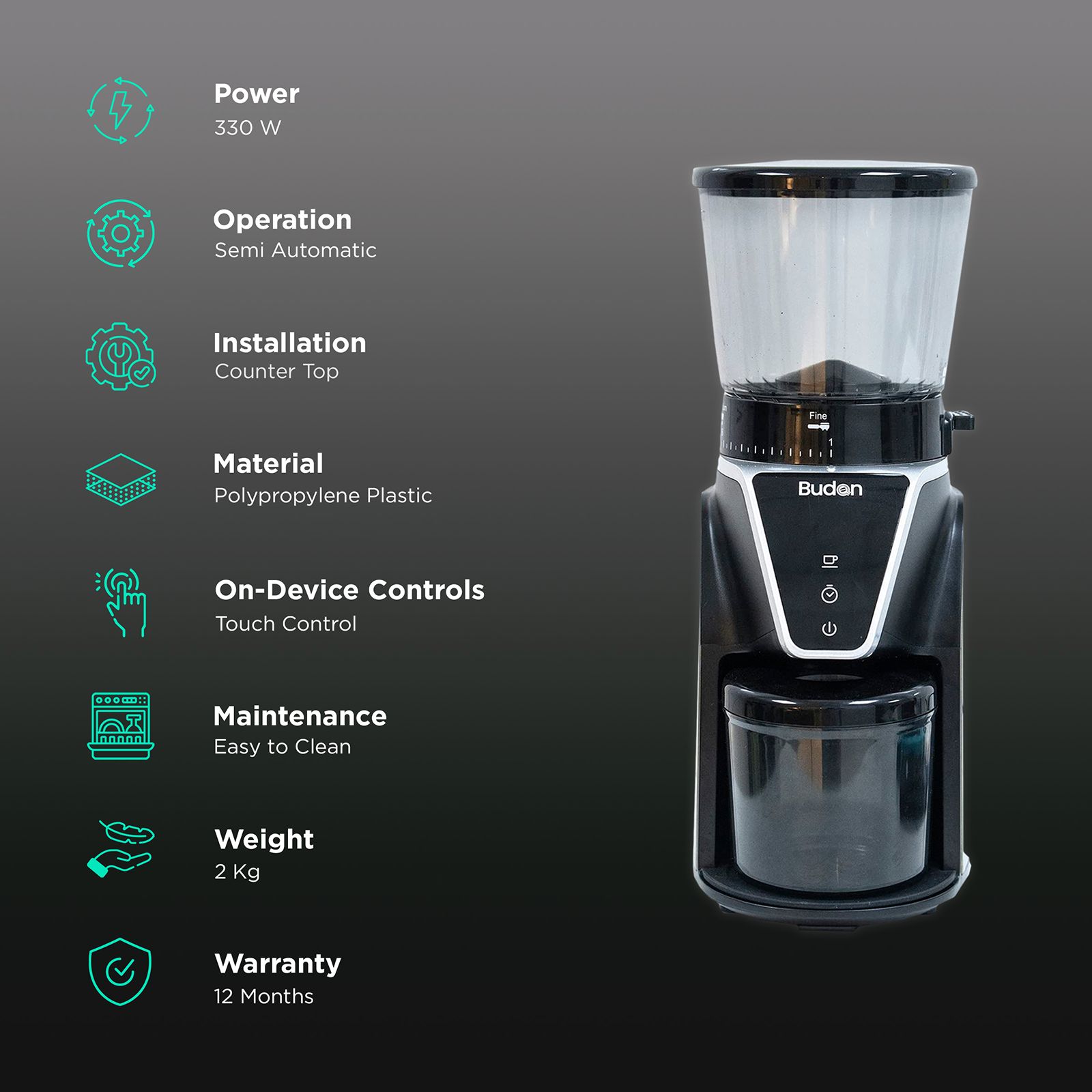 Budan 330 Watt Semi-Automatic Espresso Coffee Maker with Touch Control Button (Black)_3