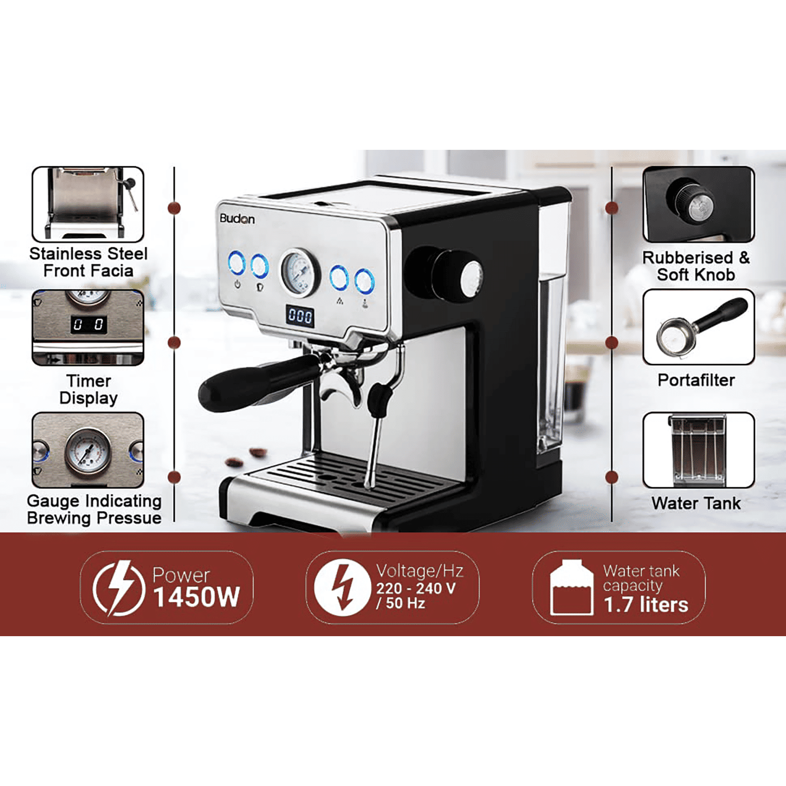 Budan 1450 Watt 10 Cups Semi-Automatic Espresso, Cappuccino & Latte Coffee Maker with Timer Display (Silver)_8