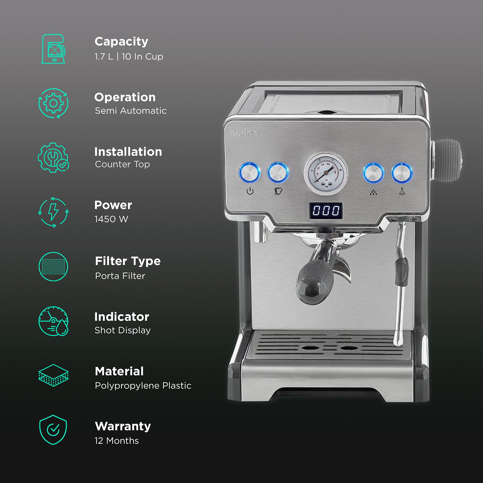 Budan 1450 Watt 10 Cups Semi-Automatic Espresso, Cappuccino & Latte Coffee Maker with Timer Display (Silver)_3