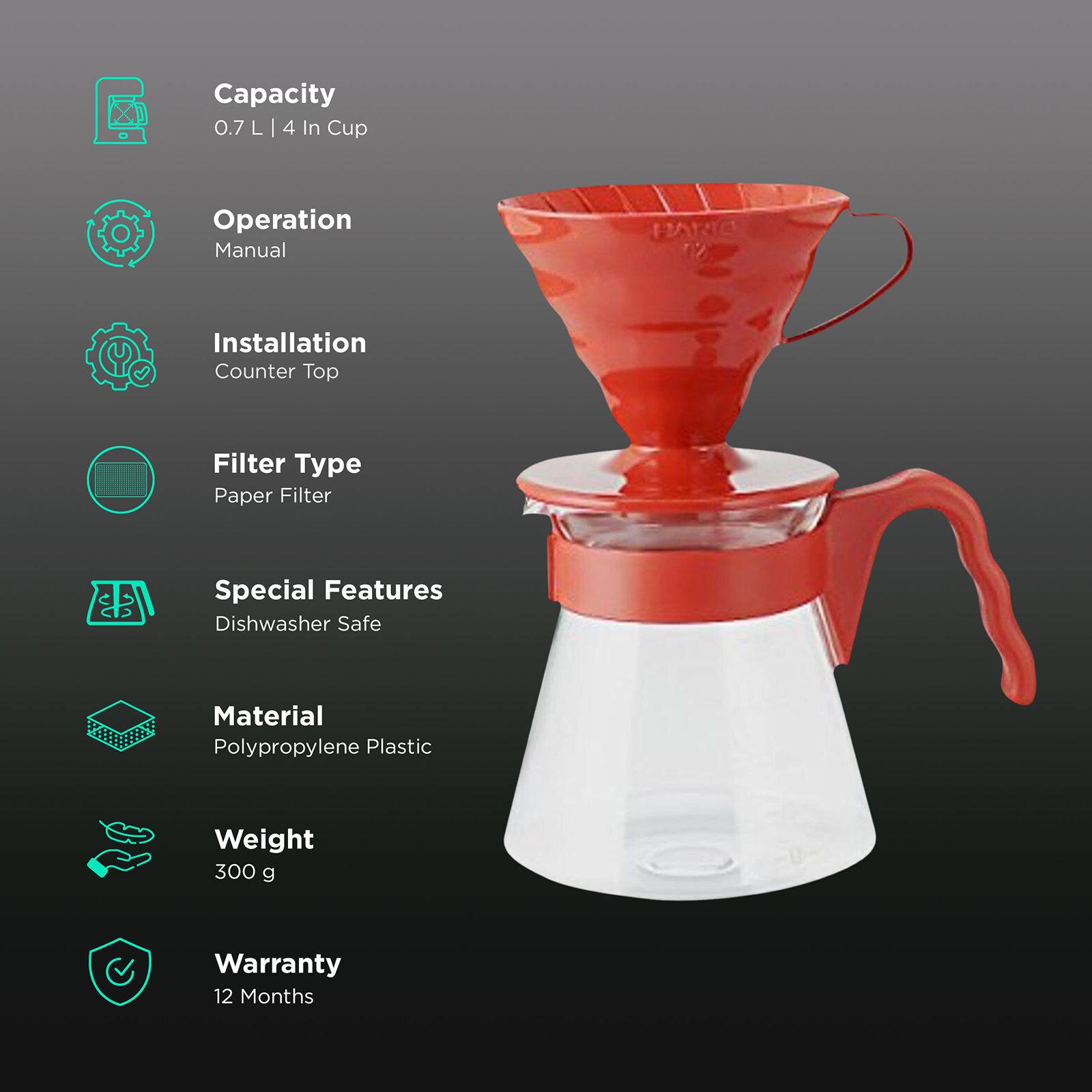 Hario V60 4 Cups Manual Espresso & Drip Coffee Maker with Heat Resistant (Red) Hario V60 4 Cups Manual Espresso & Drip Coffee Maker with Heat Resistant (Red)_3