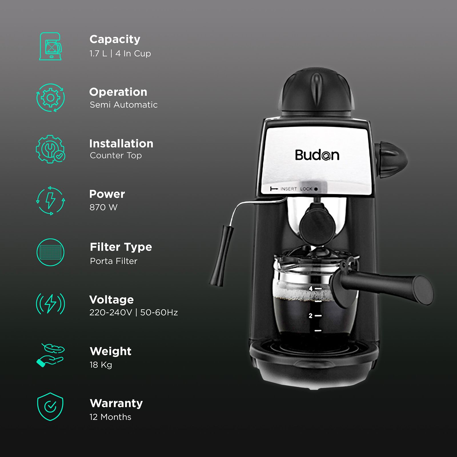 Budan 870 Watt 4 Cups Semi-Automatic Espresso Coffee Maker with Anti Slip Base (Black/Silver) Budan 870 Watt 4 Cups Semi-Automatic Espresso Coffee Maker with Anti Slip Base (Black/Silver)_3