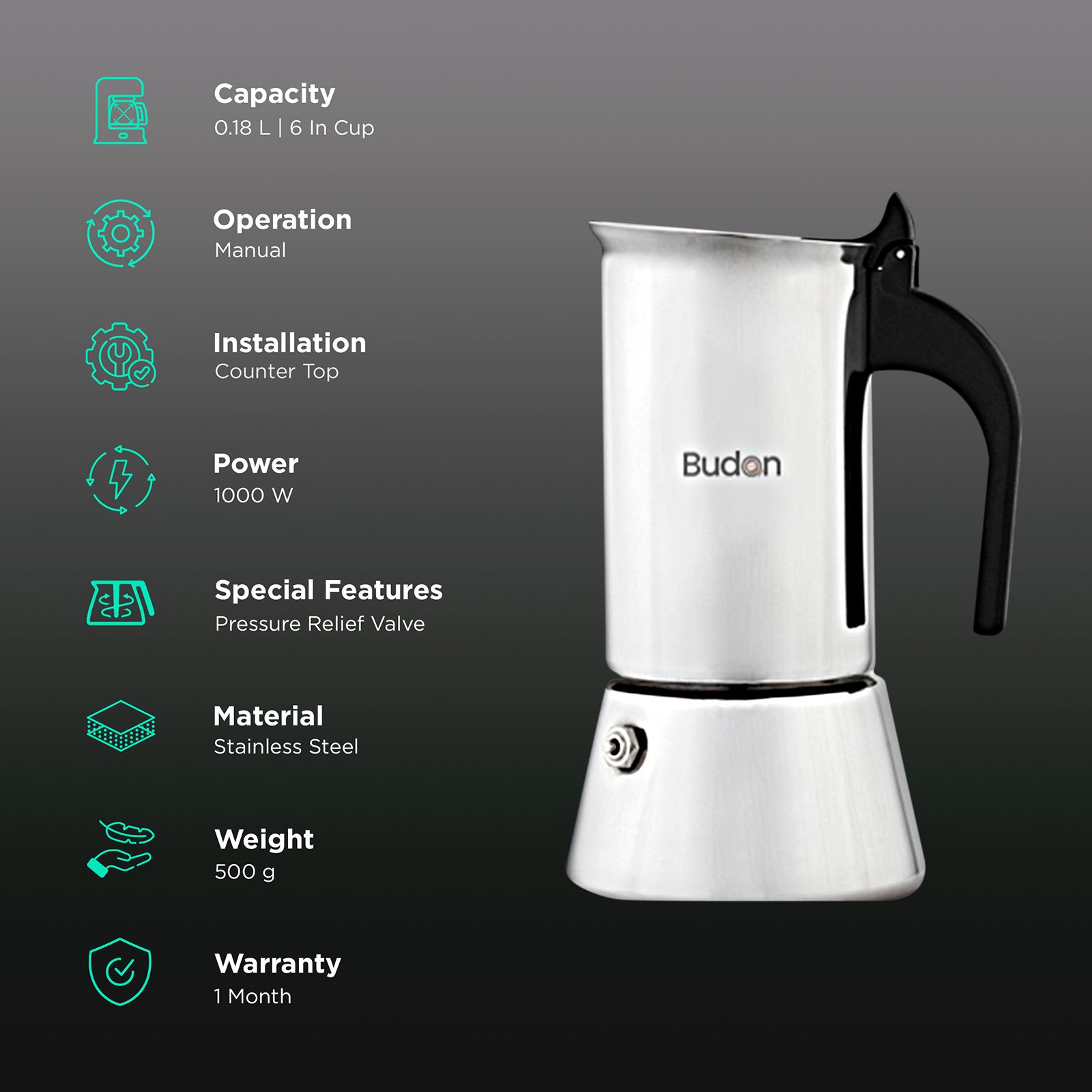 Budan 1000 Watt 6 Cups Manual Espresso Coffee Maker with Pressure Relief Valve (Silver) Budan 1000 Watt 6 Cups Manual Espresso Coffee Maker with Pressure Relief Valve (Silver)_3