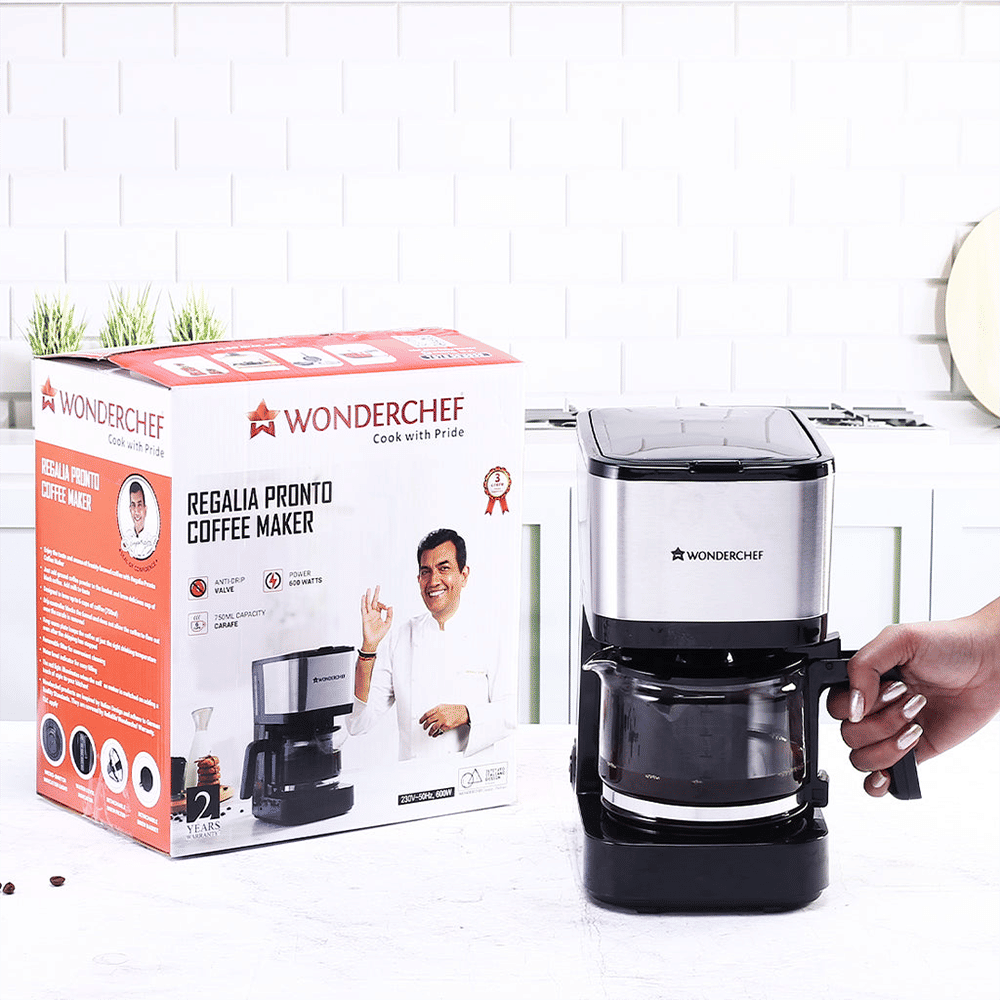 WONDERCHEF Regalia Pronto 600 Watt 6 Cups Automatic Espresso, 3-in-1 Filter Coffee & Cappuccino Coffee Maker with Drip Controller (Black and Silver)_8