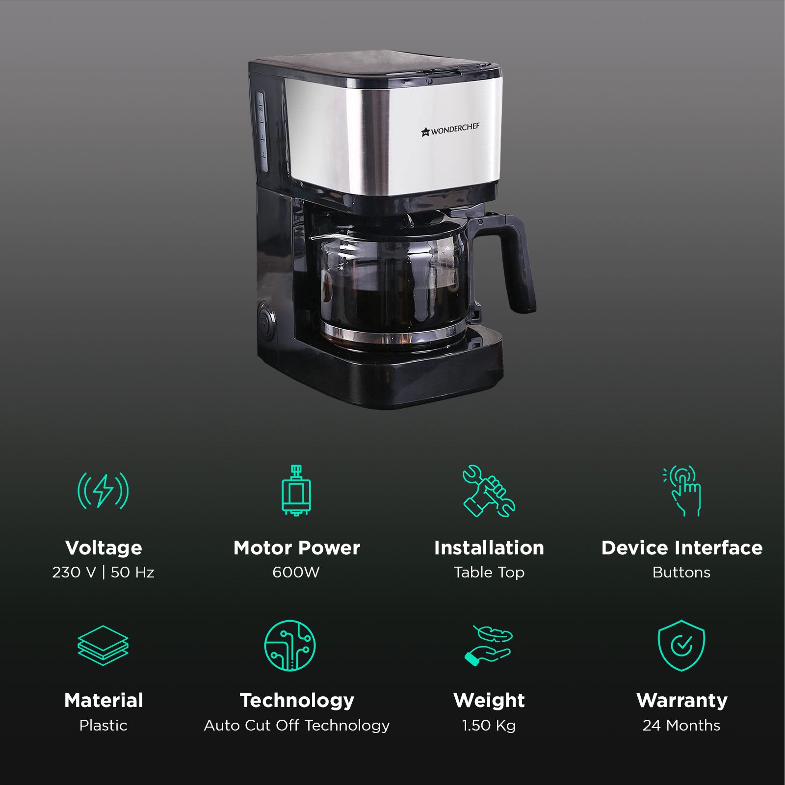 WONDERCHEF Regalia Pronto 600 Watt 6 Cups Automatic Espresso, 3-in-1 Filter Coffee & Cappuccino Coffee Maker with Drip Controller (Black and Silver)_3