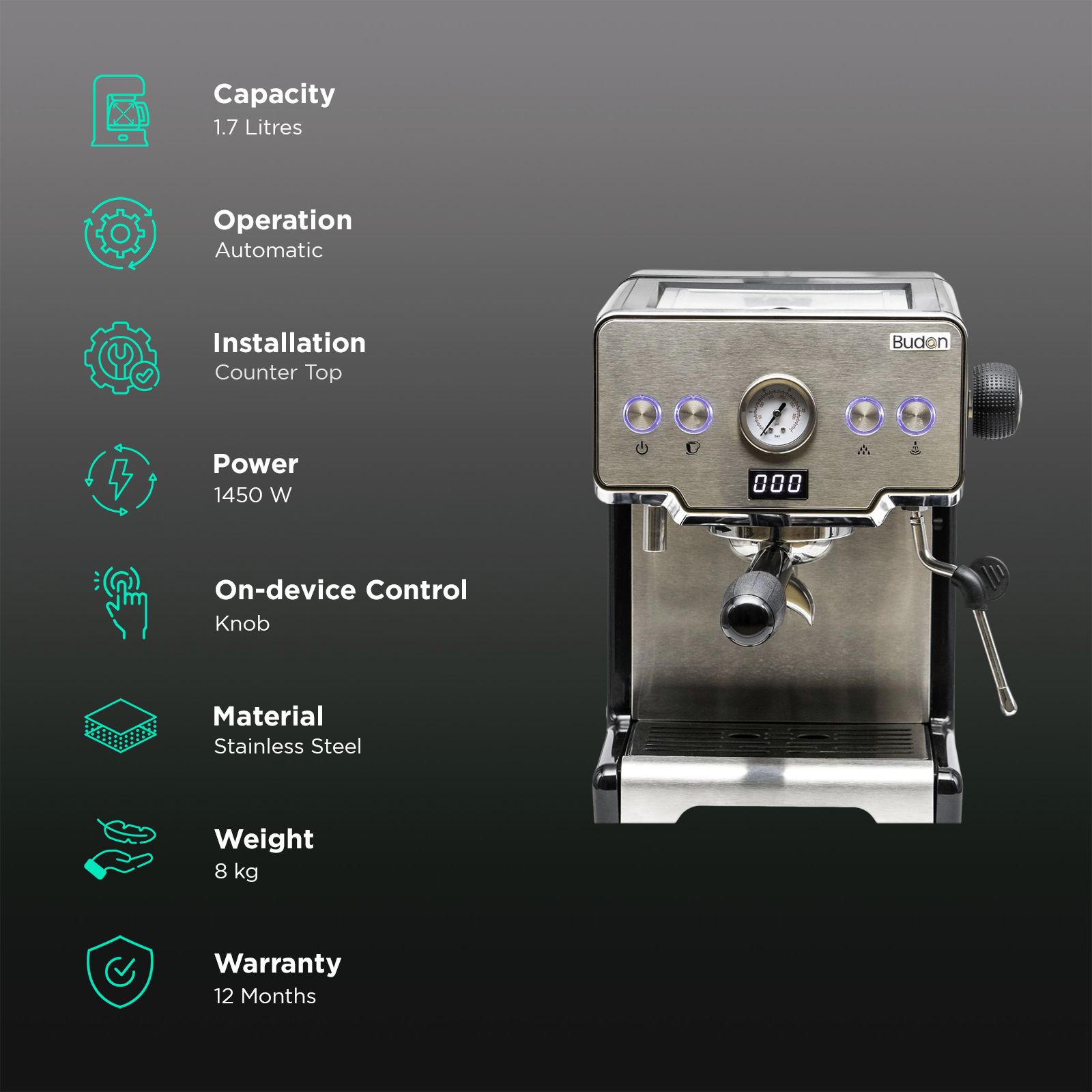 Budan BUDEM101 1450 Watt 10 Cups Automatic Black, Latte, Cappuccino, Americano, Espresso, Macchiato, Mocha, Cold Brews, Flat White & Irish Coffee Maker with Stainless Steel Heater (Silver) Budan BUDEM101 1450 Watt 10 Cups Automatic Black, Latte, Cappuccino, Americano, Espresso, Macchiato, Mocha, Cold Brews, Flat White & Irish Coffee Maker with Stainless Steel Heater (Silver)_3