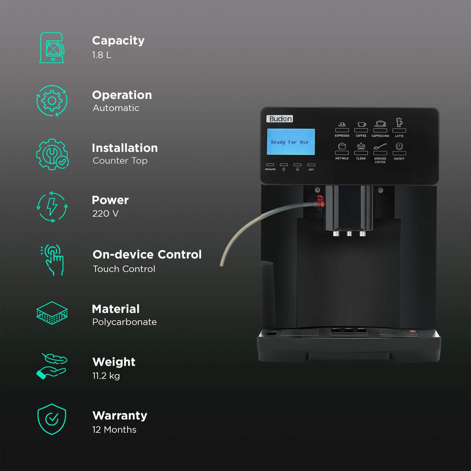 Budan BUDCM101 17 Cups Automatic Espresso, Americano, Cappuccino, Latte, Affogato, Cortado, Iced Americano & Hot Milk Coffee Maker with High Pressure Pump (Black) Budan BUDCM101 17 Cups Automatic Espresso, Americano, Cappuccino, Latte, Affogato, Cortado, Iced Americano & Hot Milk Coffee Maker with High Pressure Pump (Black)_3