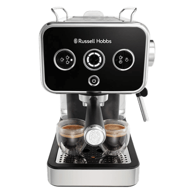 Russell Hobbs Distinctions 1350 Watt 2 Cups Semi Automatic Espresso Coffee Maker with Milk Frother Steam Wand (Black)