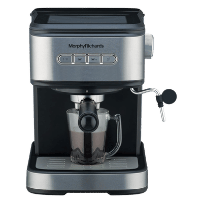 morphy richards Impresso 1100 Watt 3 Cups Manual Espresso Coffee Maker with ‎Milk Frother (Black & Steel)
