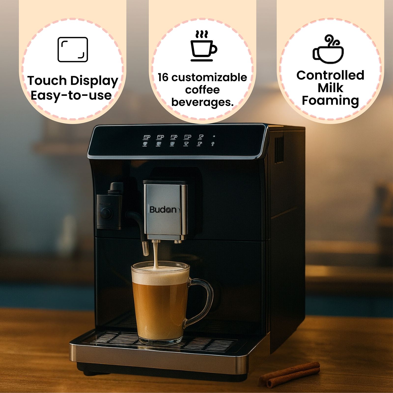 Budan X7 1300 Watt Automatic Espresso, Americano, Latte & Cappuccino Coffee Maker with Warm Cup Function (Black) Budan X7 1300 Watt Automatic Espresso, Americano, Latte & Cappuccino Coffee Maker with Warm Cup Function (Black)_6