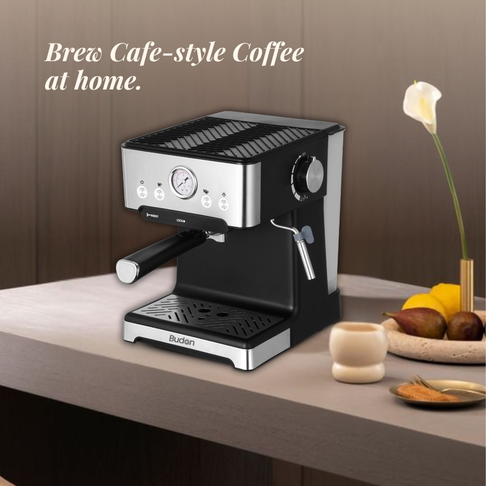 Budan BUD-Classic Semi-Automatic Coffee Maker with Pressure Gauge Indicator (Silver & Black)_6